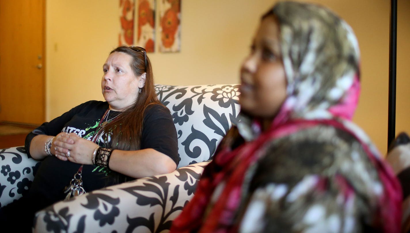 Fountain Terrance Apartments, home to Charlene Nolin, left to right, and Farah Ahmed, was "saved" from being bought up to increase rents last year. In a pilot program, Real Estate Equities and Great Minnesota Housing Fund bought and rehabbed the 72-unit affordable apartment building in New Brighton for $6.8 million to preserve the affordable housing and prevent it from becoming upscale units pricing out current residents who need it the most. Nolin was fearful she might be priced out of the Twin