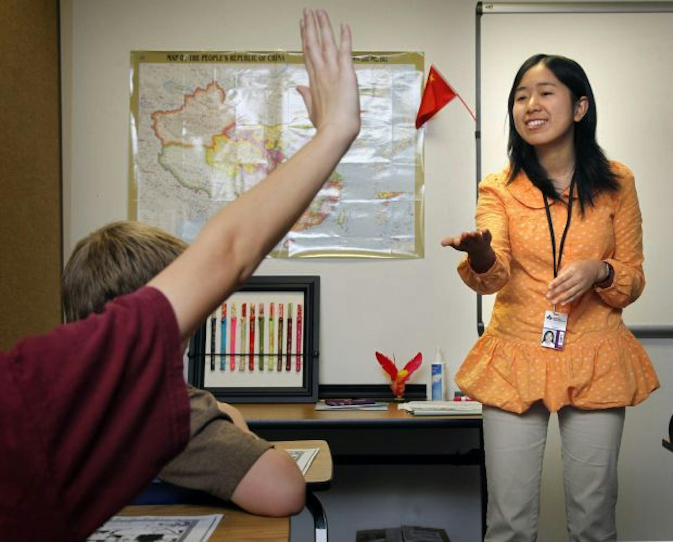 Xing, Bei at Rosemount Middle School played games with her students Challenging students to identify
themselves in Mandarin.