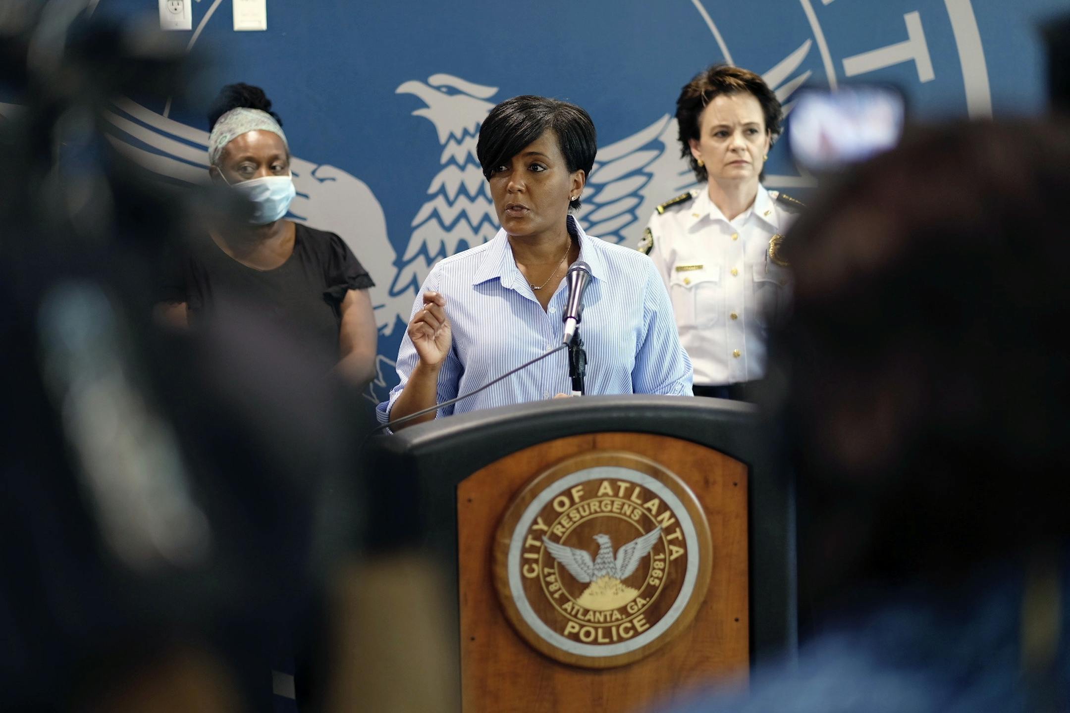 Atlanta Mayor Keisha Lance Bottoms announces a 9 PM curfew as protests continue for a second day over the death of George Floyd, Saturday, May 30, 2020 in Atlanta. Protests were held throughout the country over the death of Floyd, a black man who died after being restrained by Minneapolis police officers on May 25.