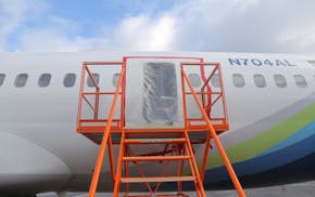 This image taken Sunday, Jan. 7, 2024, and released by the National Transportation Safety Board, shows a section of Alaska Airlines Flight 1282 that i