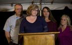 The family of Susan Morris makes a statement after the execution of Eric Scott Branch in Gainesville, Fla., Thursday, Feb. 22, 2018. The governor's of