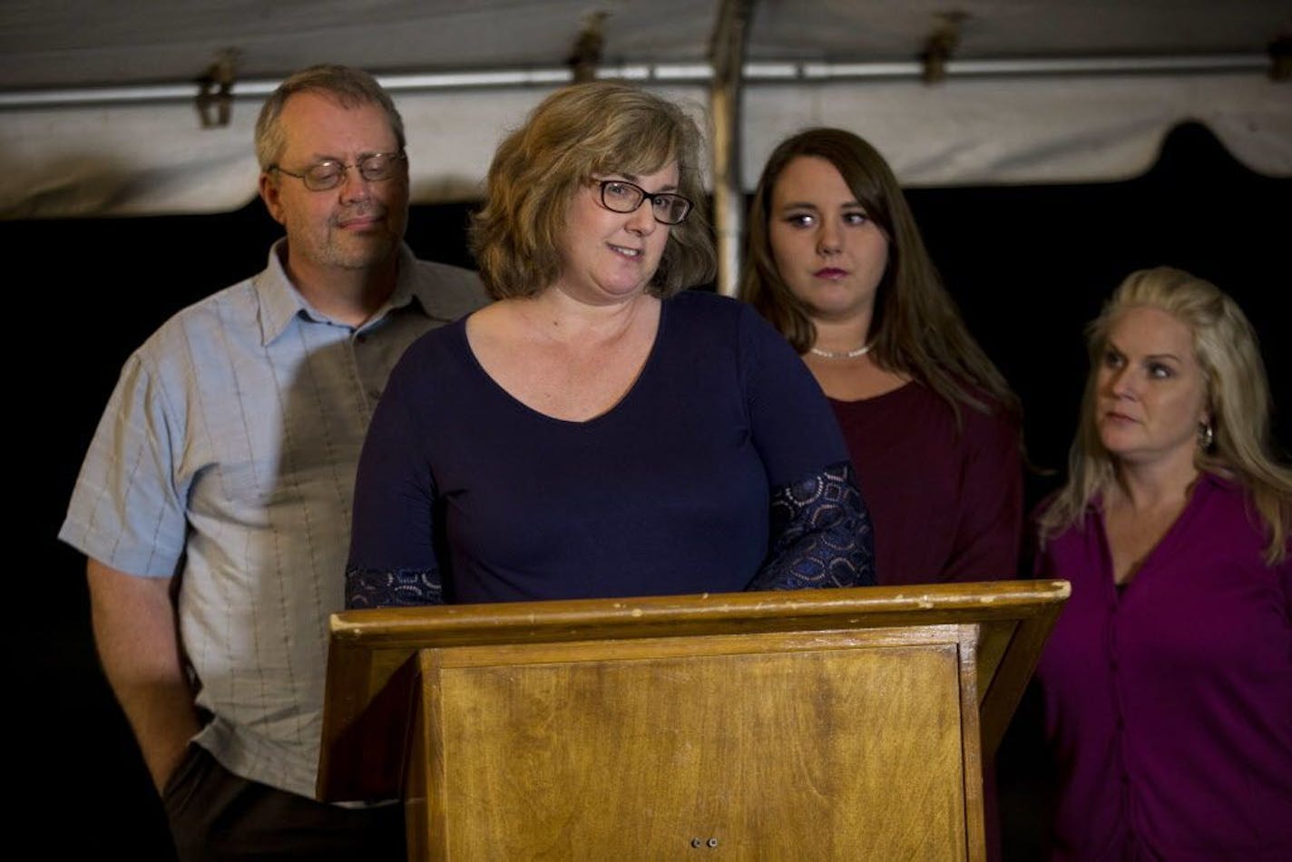 The family of Susan Morris makes a statement after the execution of Eric Scott Branch in Gainesville, Fla., Thursday, Feb. 22, 2018. The governor's office said Branch, 47, was pronounced dead Thursday after receiving a lethal injection at Florida State Prison. Branch was convicted of the 1993 rape and fatal beating of University of West Florida student Susan Morris, 21, whose naked body was found buried in a shallow grave near a nature trail.