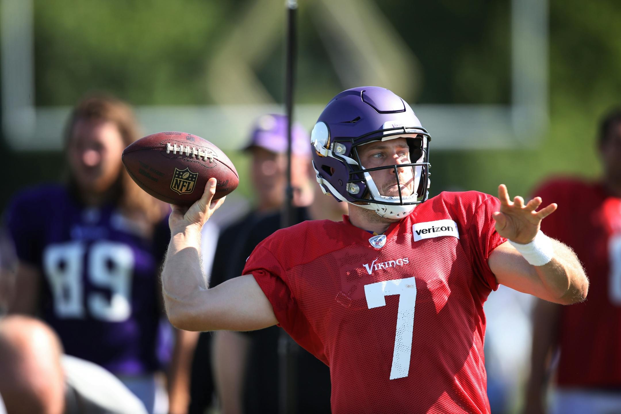 Minnesota Vikings quarterback Case Keenum (7) threw a pass during practice at Minnesota State University Mankato Saturday July 29, 2017 in Mankato , MN.