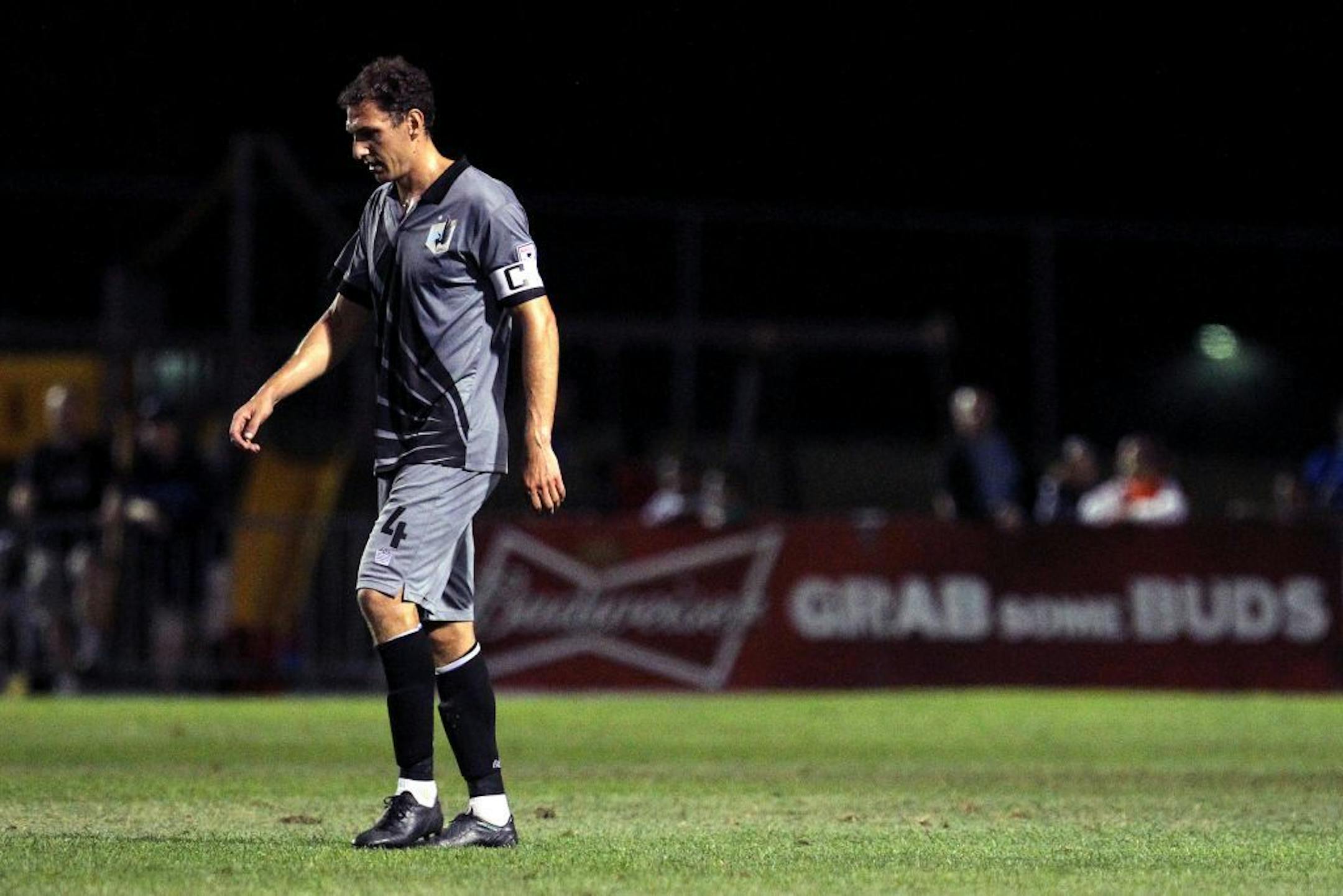 Minnesota's Aaron Pitchkolan (4) after a game against Tampa Bay in August.