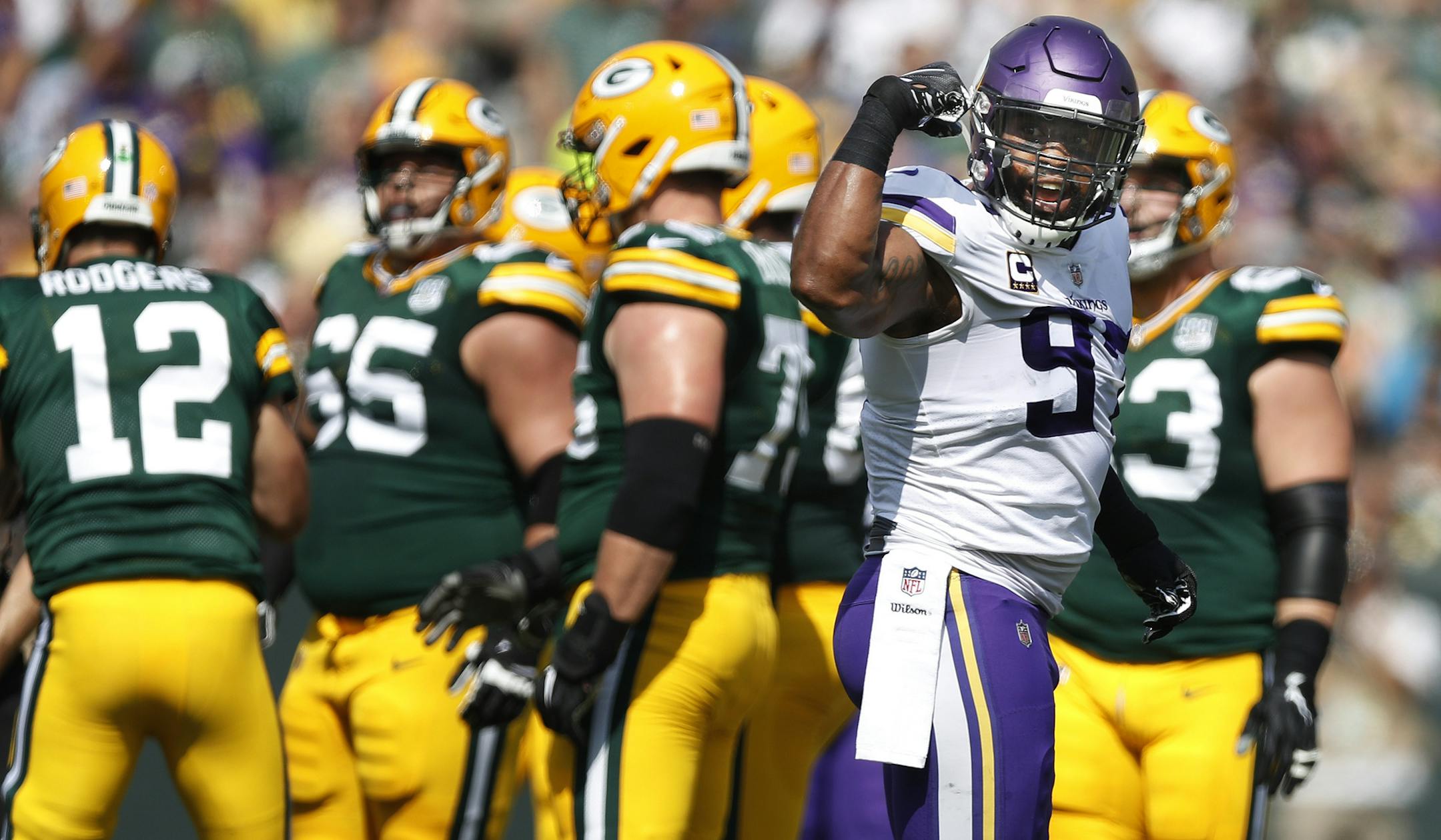 Minnesota Vikings defensive end Everson Griffen (97) flexed after sacking Green Bay Packers quarterback Aaron Rodgers (12) in the first quarter Sunday September 16, 2018 in Green Bay, WI. ] JERRY HOLT &#xef; jerry.holt@startribune.com.