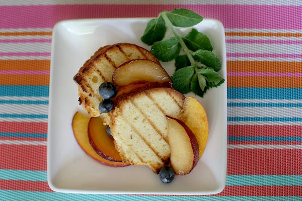 Baking Central with Kim Ode. After much experimentation, makes pound cake. Then serves it grilled with fruit.