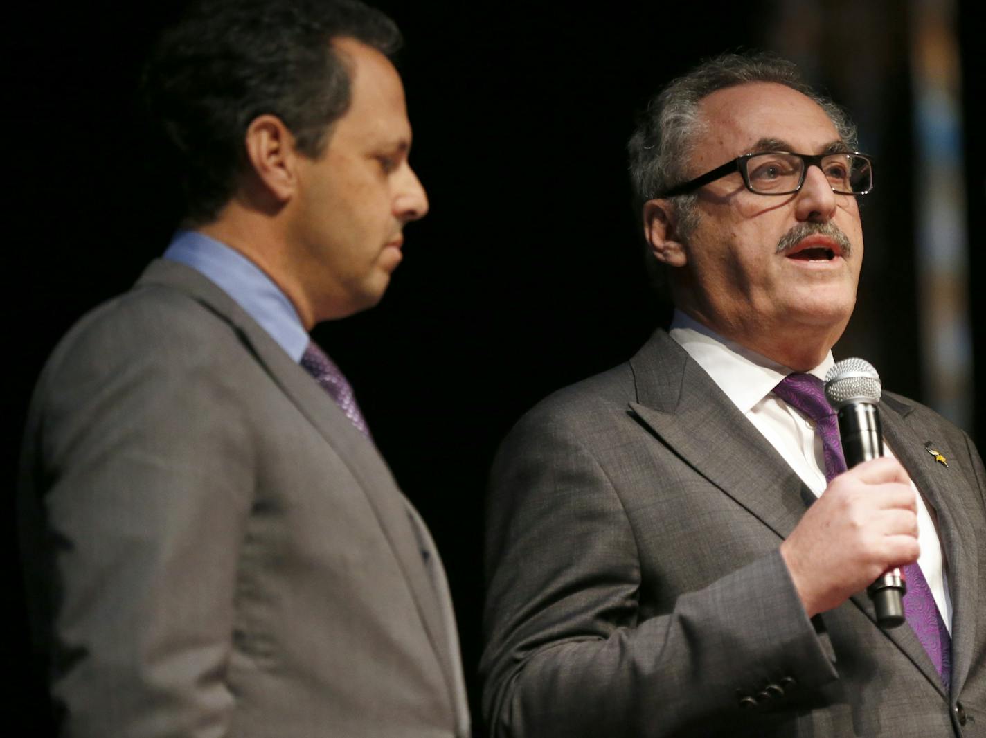 Vikings President Mark Wilf and principal owner of the Minnesota Vikings Zygi Wilf addressed the crowd during Minnesota Vikings stadium presentation at Guthrie Theater on Monday.