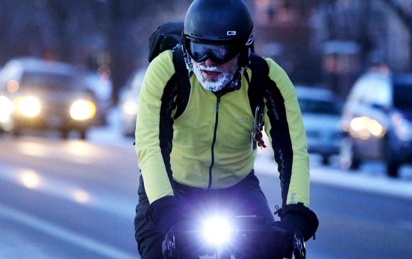 A bike commuter had a frosted beard while commuting into downtown Minneapolis, MN, Tuesday, Jan. 12,2015.