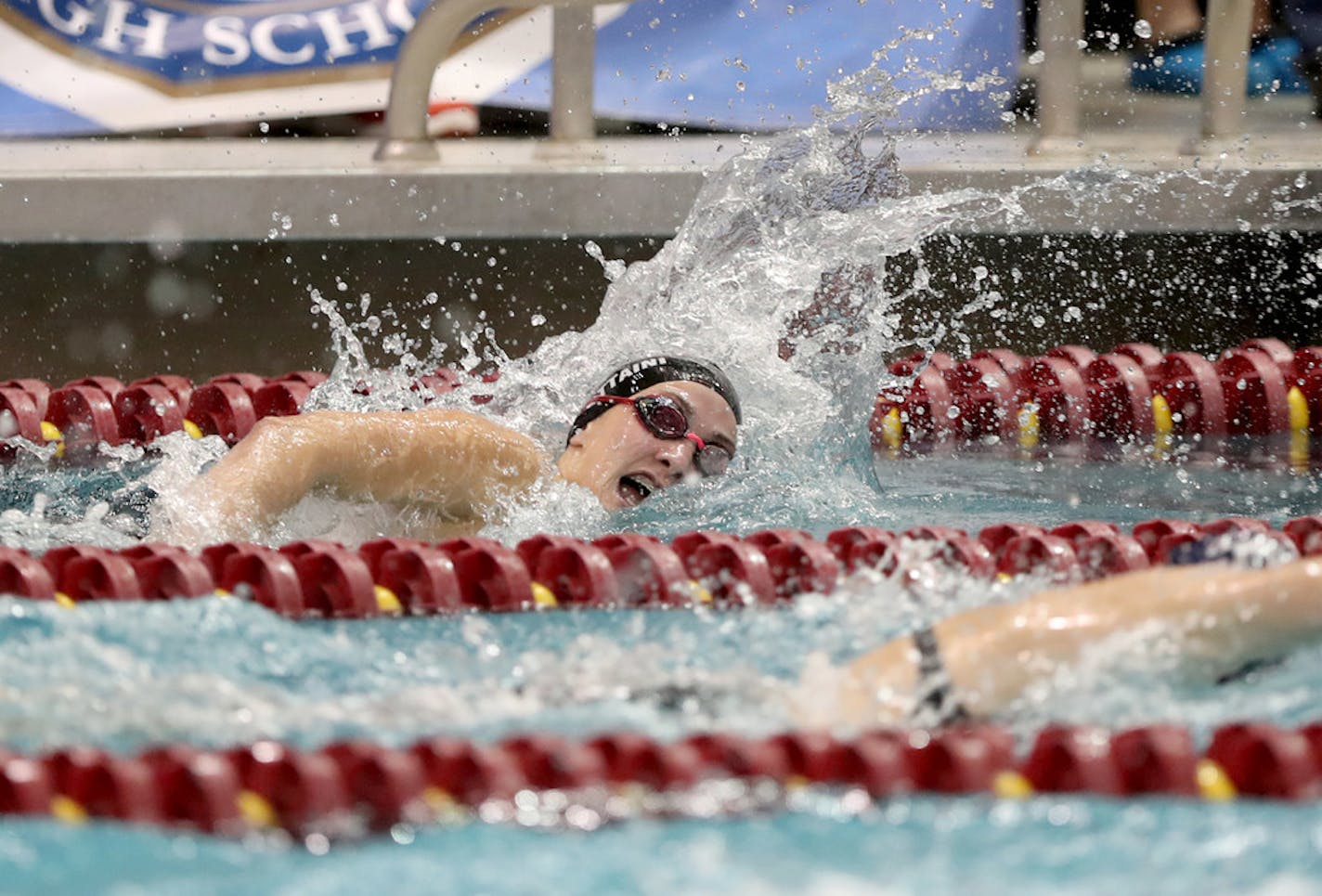 Maria Mattaini of Visitation, shown here swimming in the 100 freestyle in the 2017 state meet, helped the deep and balanced Blazers win a state title again on Friday with a runnerup finish in the 500 freestyle. Star Tribune file photo by David Joles.