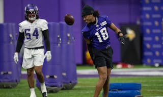 Vikings receiver Justin Jefferson (18) at practice this week. He will play his first NFL playoff game on Sunday. 
