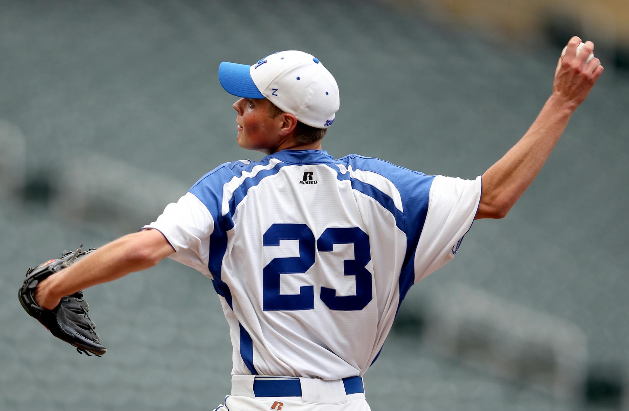 Kasson-Mantorville's Joey Hyde (23) pitches in the Kasson-Mantorville vs. Perham Class AA boys baseball high school championship at Target Field on Monday, June 17, 2013. Kasson-Mantorville won the championship game 8-1. ] (ANNA REED/STAR TRIBUNE) anna.reed@startribune.com (cq)