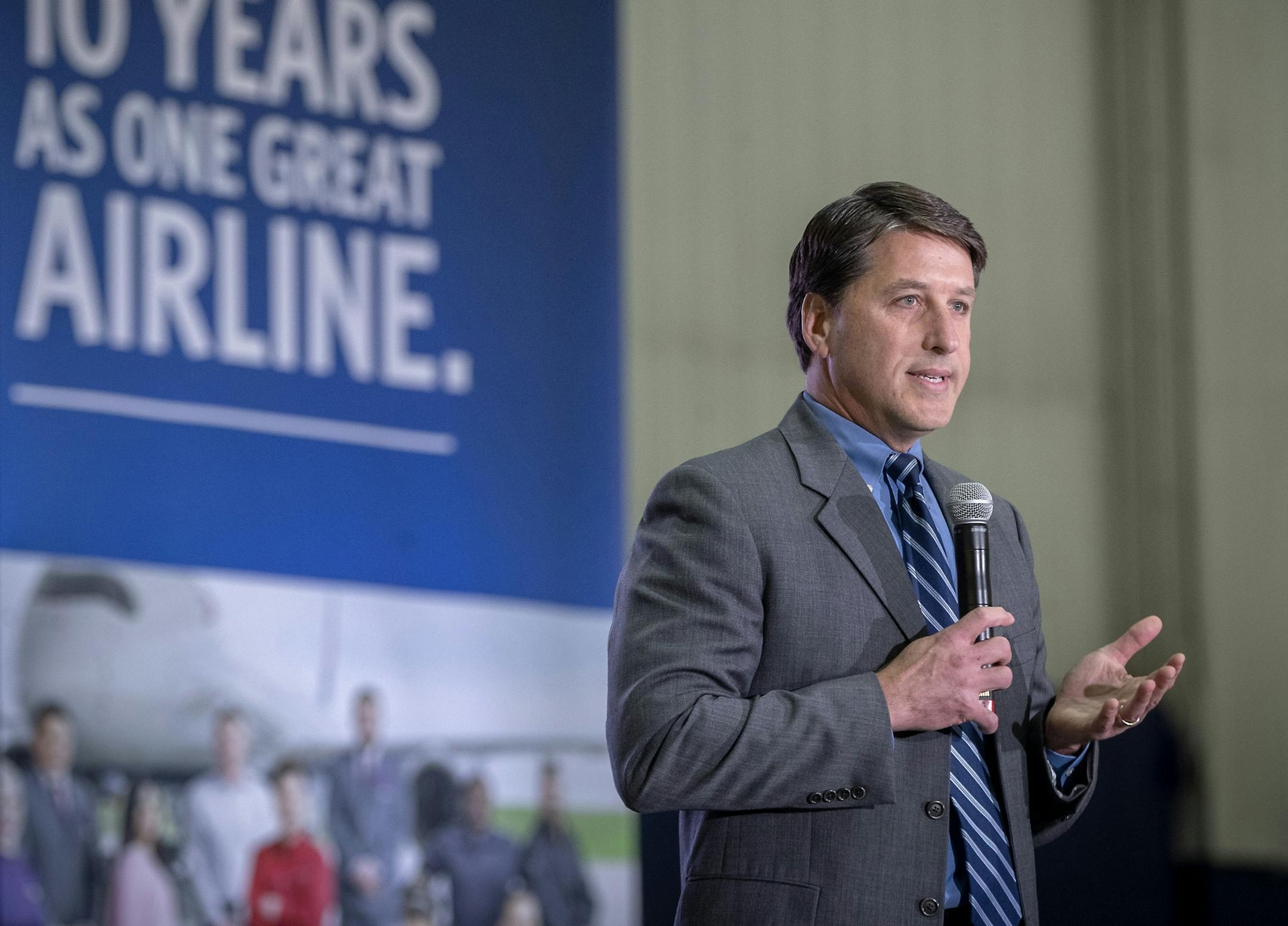 Delta Air Lines executive Vice President of flying operations, greeted employees as they celebrated its 10-year anniversary of the Northwest merger (the U.S. DOJ officially approved the merger Oct. 29, 2008) during a party at the MSP hangar, Monday, October 29, 2018 in Bloomington, MN. About 600 employees showed up for a live stream connecting Minneapolis and Atlanta hangar parties through a large screen led by CEO of Delta Air Lines, Ed Bastian in Atlanta.