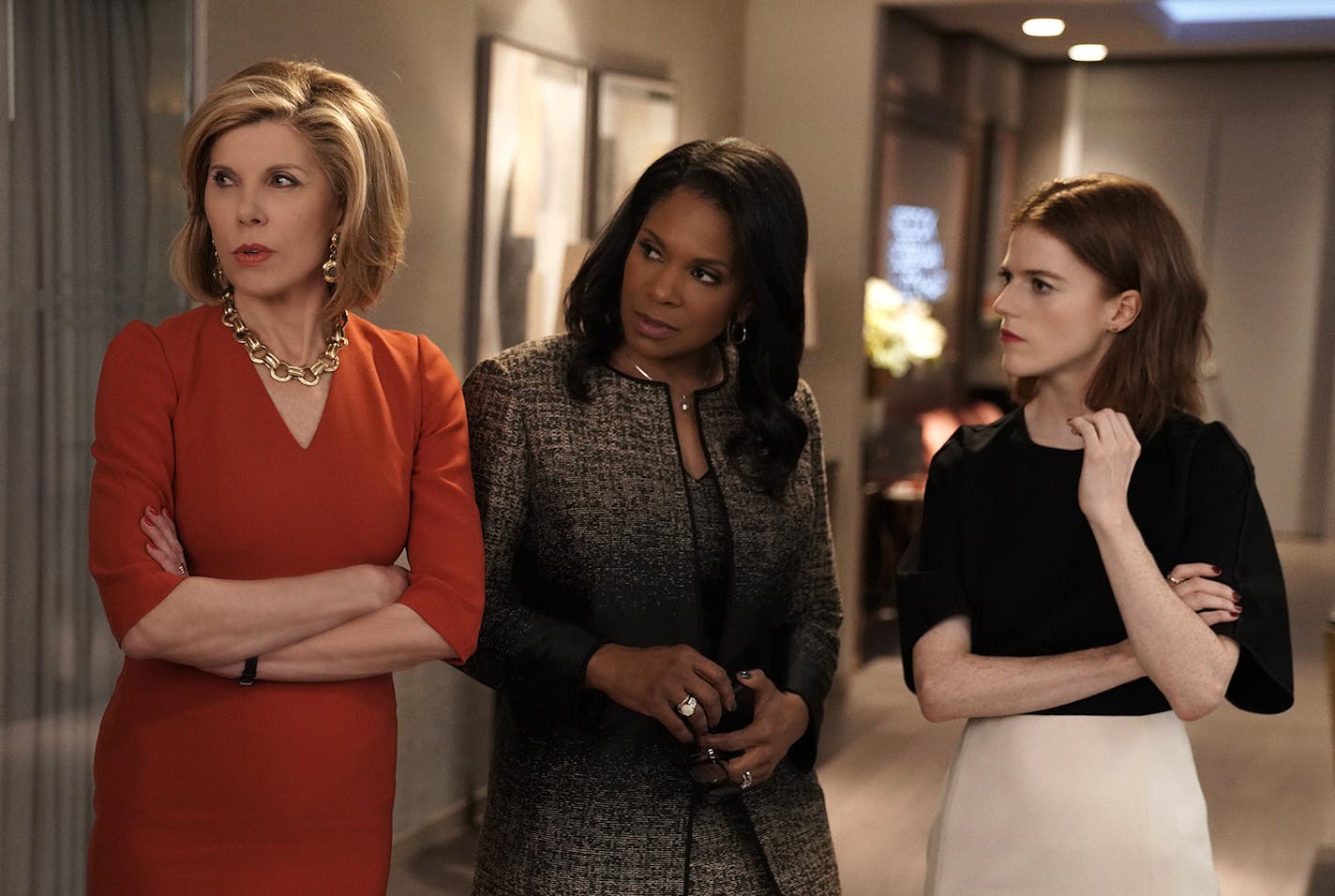 "Day 478" -- Episode 211 -- Pictured (l-r): Christine Baranski as Diane Lockhart; Audra McDonald as Liz Reddick-Lawrence; Rose Leslie as Maia Rindell of the CBS All Access series THE GOOD FIGHT. Photo Cr: Patrick Harbron/CBS &#xa9;2018 CBS Interactive, Inc. All Rights Reserved.