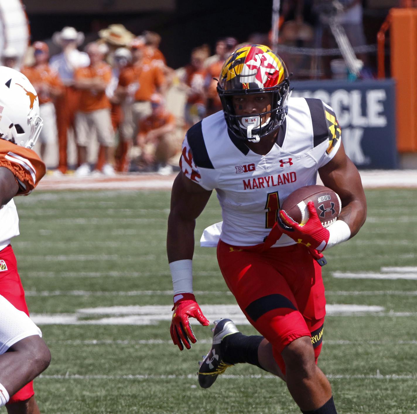 Maryland receiver D.J. Moore runs the ball after a catch during the first half of an NCAA college football game against Texas, Saturday, Sept. 2, 2017, in Austin, Texas. (AP Photo/Michael Thomas)