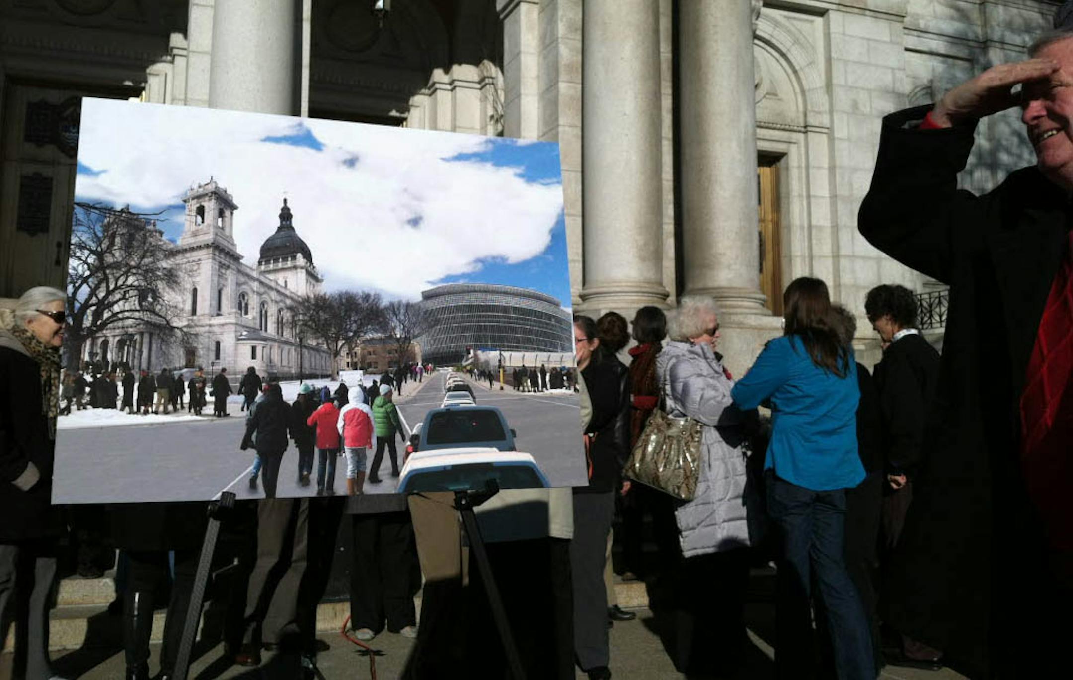 A replica of what a Vikings stadium might look like was on display outside the Basilica of St. Mary in Minneapolis before Tuesday's press conference.