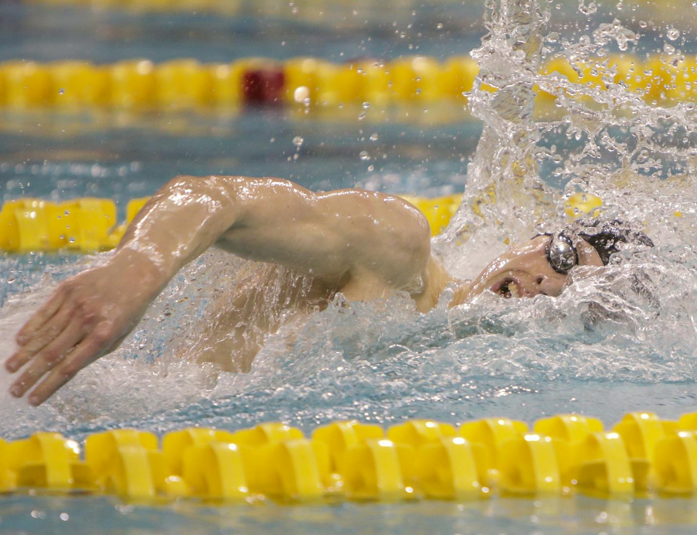 Sam Schilling from Minnetonka competes in the Boys 200 Yard Freestyle Lane 4, Shilling would win the race in the Class 2A Boys Swimming & Diving Tournament on March 5, 2016 at the Aquatic Center at the University of Minnesota in Minneapolis, Minn. [ Special to Star Tribune, photo by Matt Blewett, Matte B Photography, matt@mattebphoto.com, 2016 MSHSL Boys Swimming & Diving Tournament