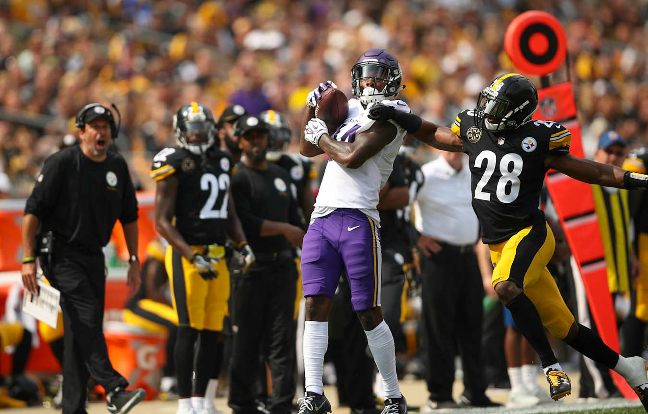 Minnesota Vikings wide receiver Stefon Diggs set up a Vikings touchdown when he caught a third quarter pass in front of Pittsburgh Steelers strong safety Sean Davis for a 21 yard gain.
