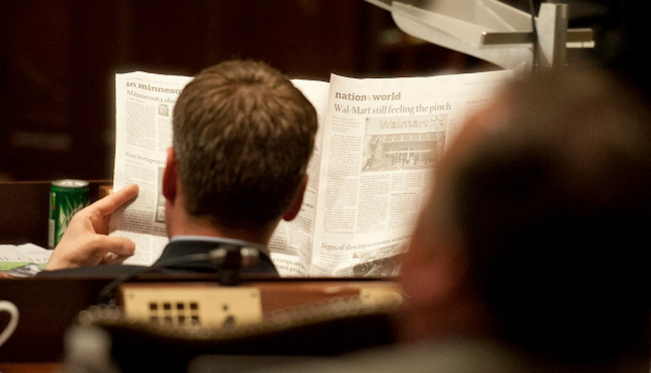 Many GOP House members including Minority Leader Kurt Daudt pretended to read newspapers as the vote was taking place on the bonding bill as a show of defiance for the DFL majority bringing up a bonding bill in a non-bonding bill year.  Members defeated the bonding bill 76-56, it needed 81 votes to pass. Friday, May 17, 2013    ]   GLEN STUBBE * gstubbe@startribune.com