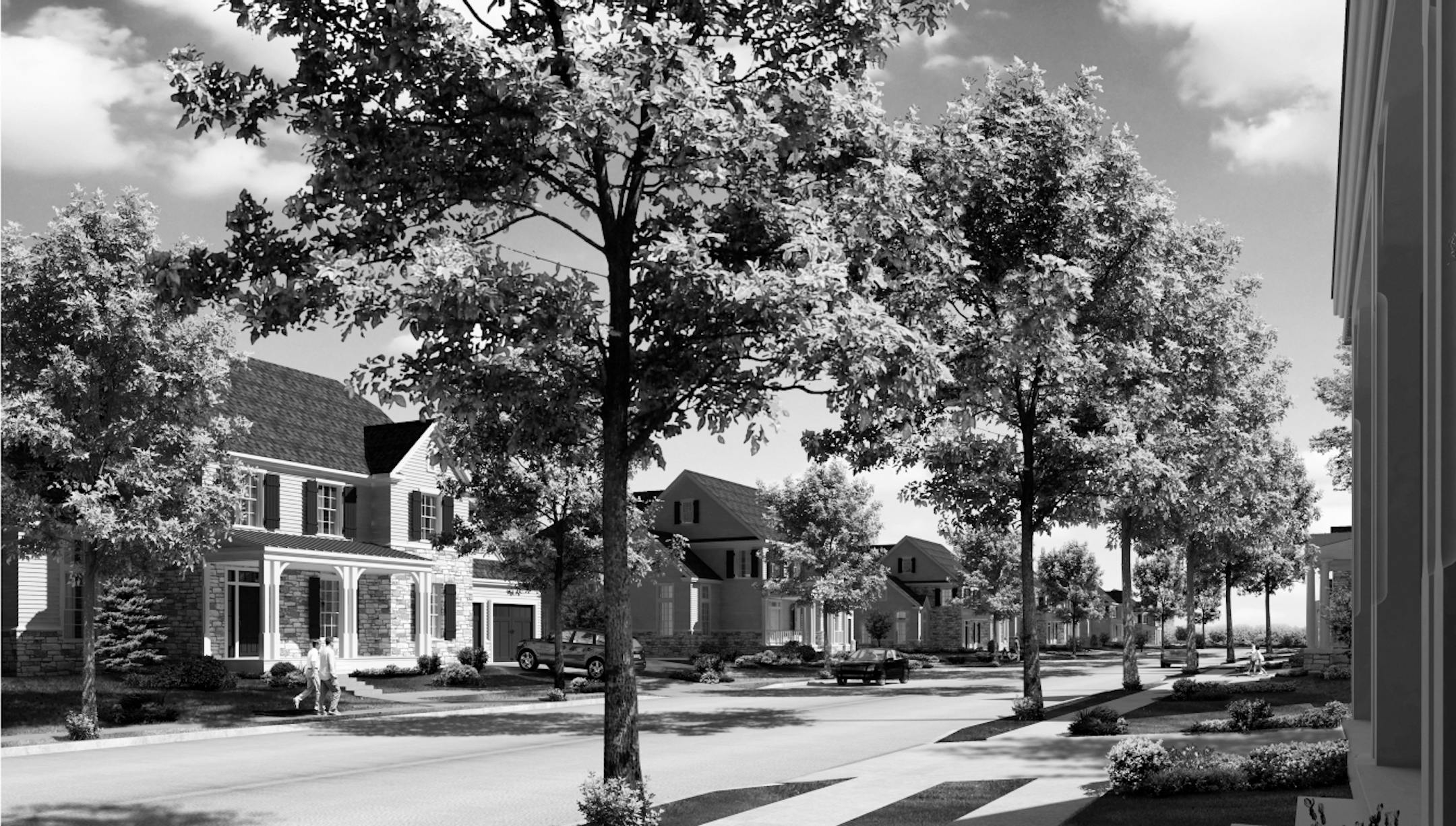 Sidewalks and tree-lined street from the book The Just Right Home.