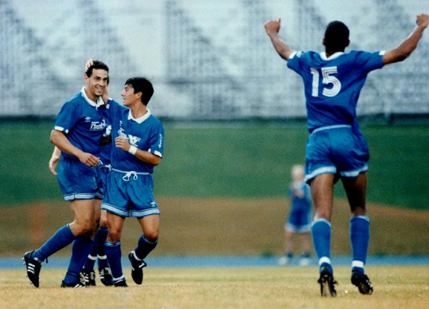 Manuel Lagos is congratulated by a Minnesota Thunder teammate after scoring in a 1993 game at the National Sports Center in Blaine. At the time, the Thunder hadn't lost at home in more than four years.