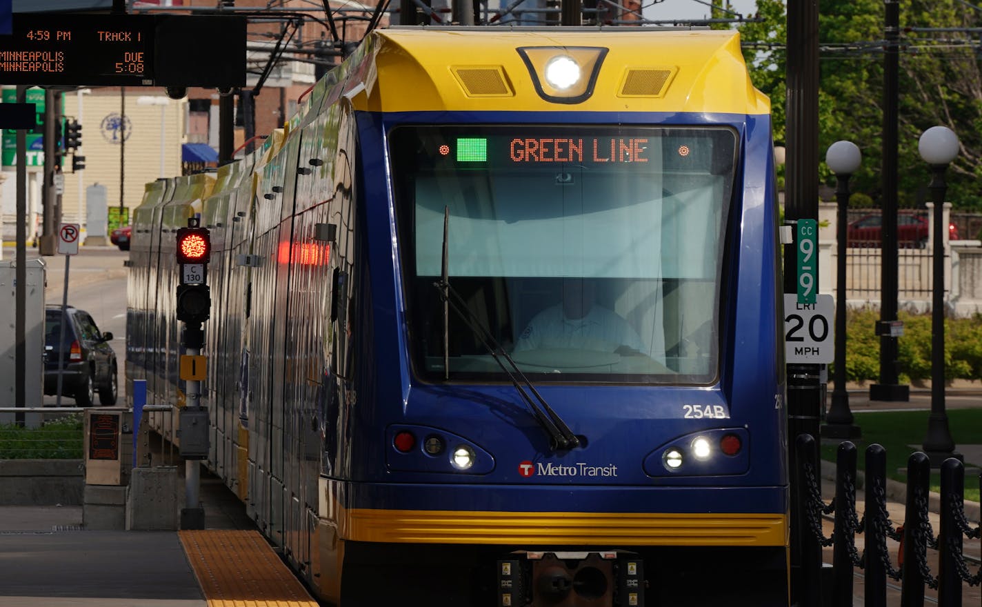 A Green Line train arrived at the Robert Street Station
in St. Paul Friday afternoon. ] ANTHONY SOUFFLE &#x2022; anthony.souffle@startribune.com Passengers rode the Green Line train Friday, May 17, 2019 between Minneapolis and St. Paul, Minn. Metro Transit announced on Friday it will stop running Green Line trains in the early morning hours on week nights. Instead, service will be offered via buses running along the route between 2-4 am on weekdays. The trains will run 24 hours a day on the week