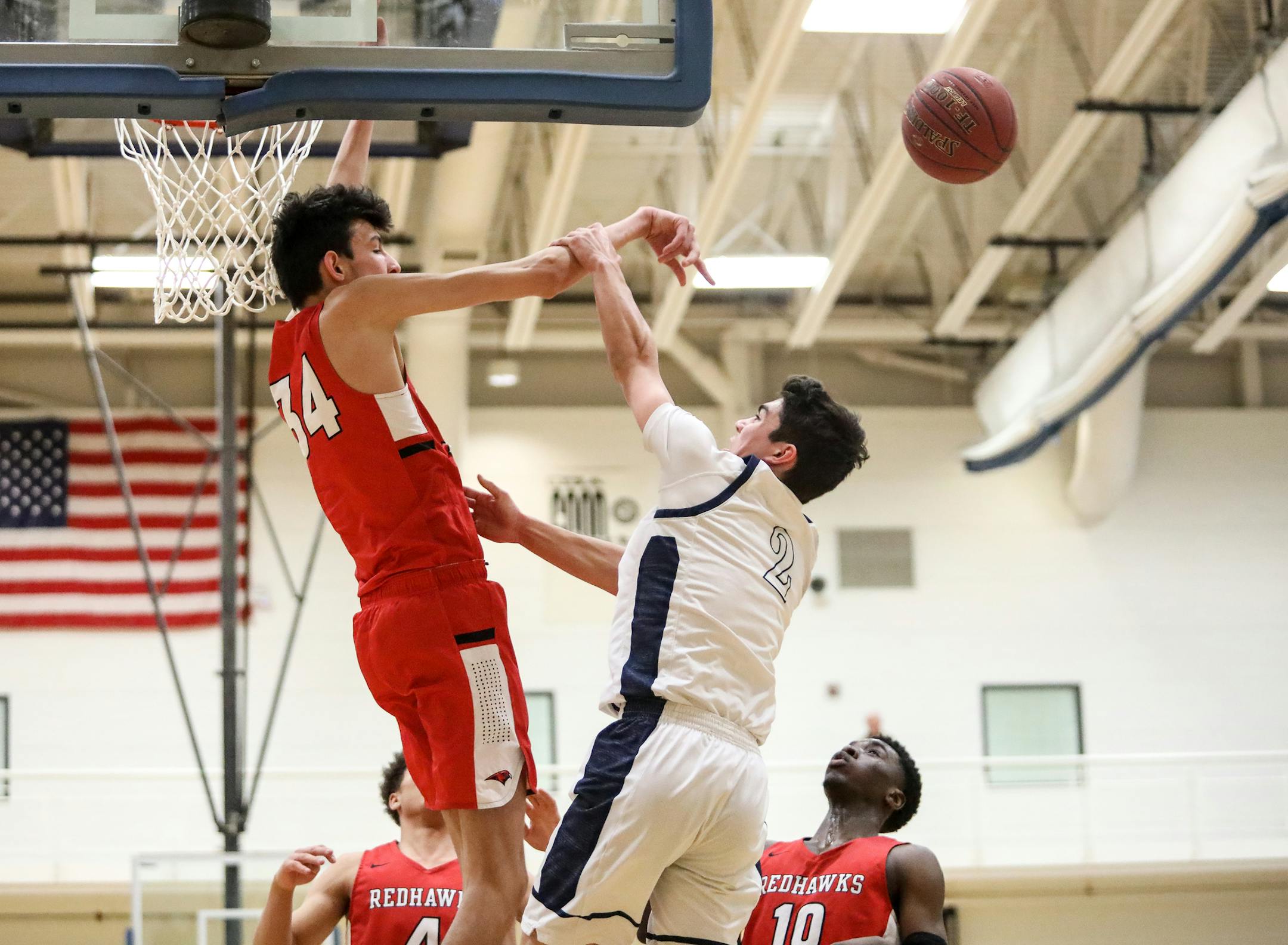 Chet Holmgren (34), left, of Minnehaha Academy. Class 2A, Section 4 St. Croix Prep vs. Minnehaha Academy 3/15/19 Photo by Cheryl Myers, SportsEngine