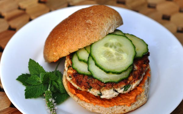 Meredith Deeds, Special to the Star Tribune Thai Turkey Burgers with Sweet and Sour Cucumbers and Red Curry Mayo, for healthy family column 9/26/13