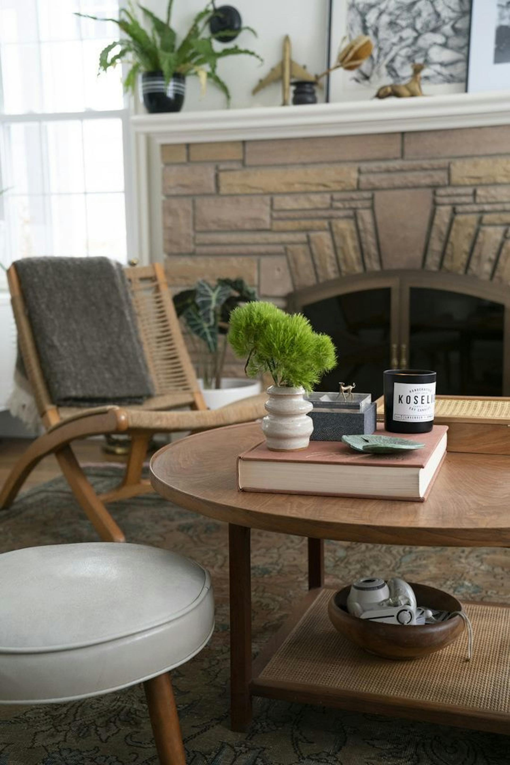 The coffee table in the living room is vintage.