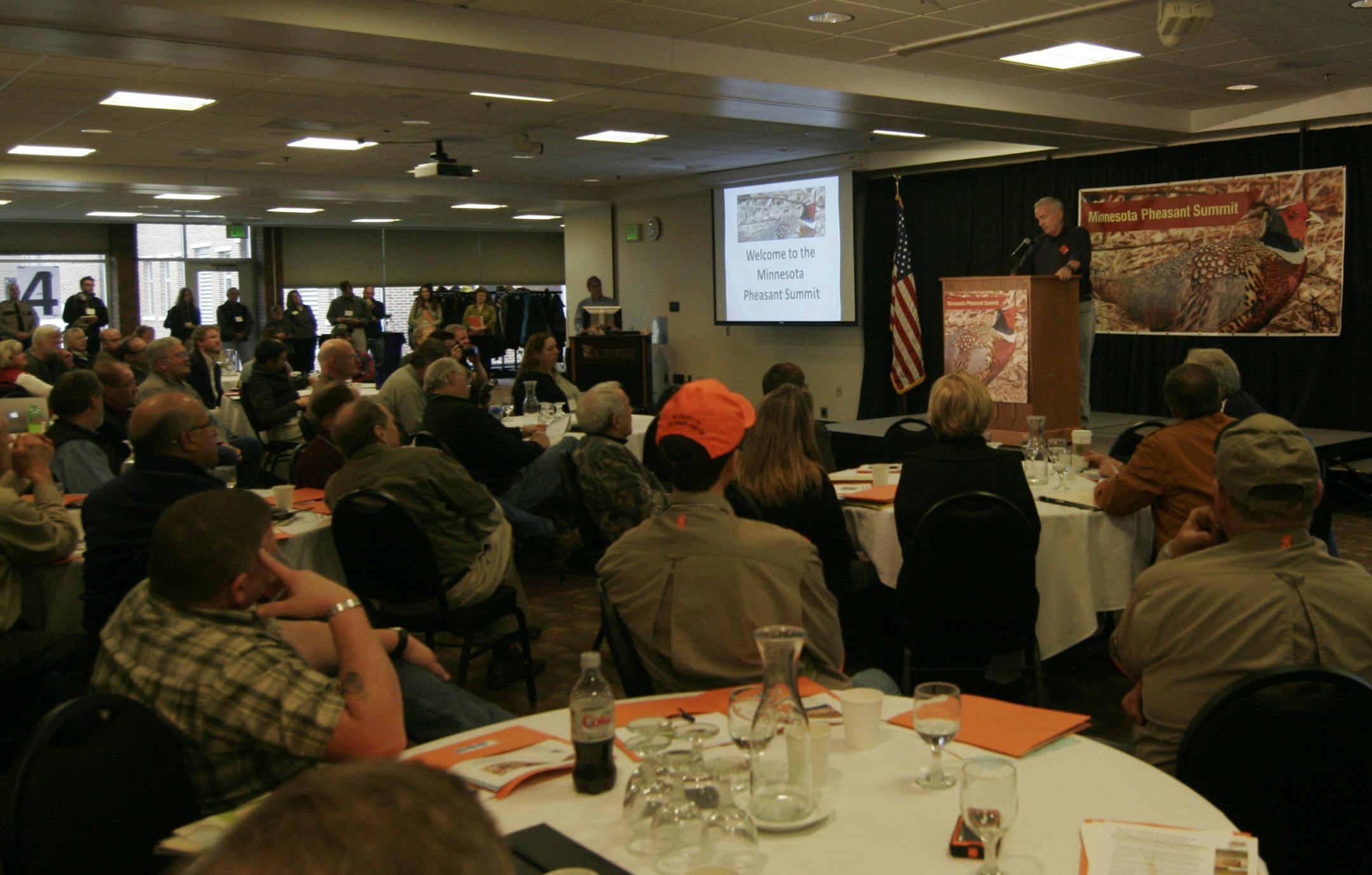 Gov. Mark Dayton spoke to about 300 people at the first-ever Minnesota Pheasant Summit on Saturday in Marshall. The goal was to develop strategies to increase the state's pheasant population Photo by Doug Smith/Star Tribune ORG XMIT: MIN1412131632580073