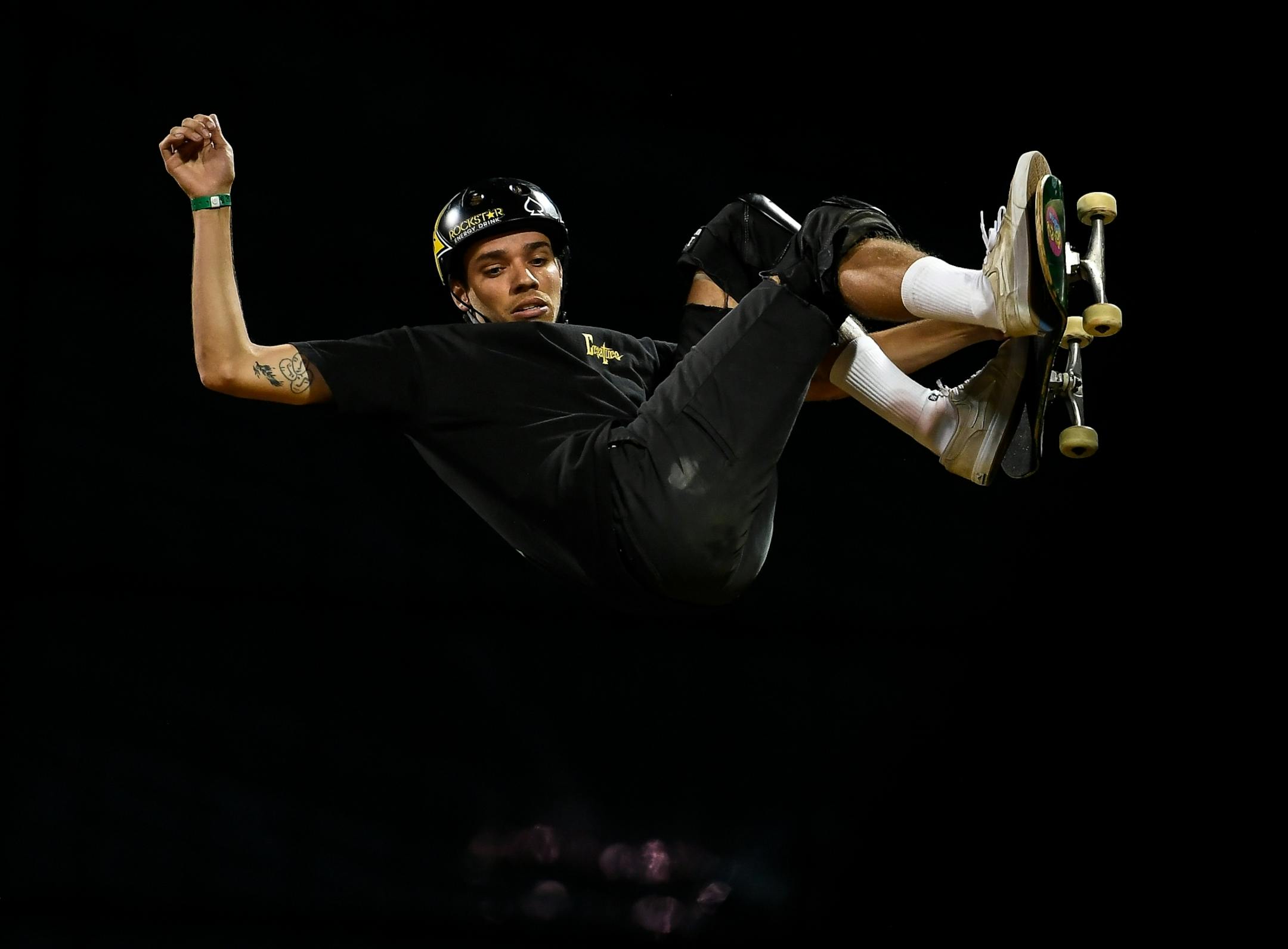 Jimmy Wilkins, of Columbus Ohio, launched out of the X Games vert ramp during the vert finals Thursday night outside US Bank Stadium. Wilkins won a gold place in the event with a score of 89.00.