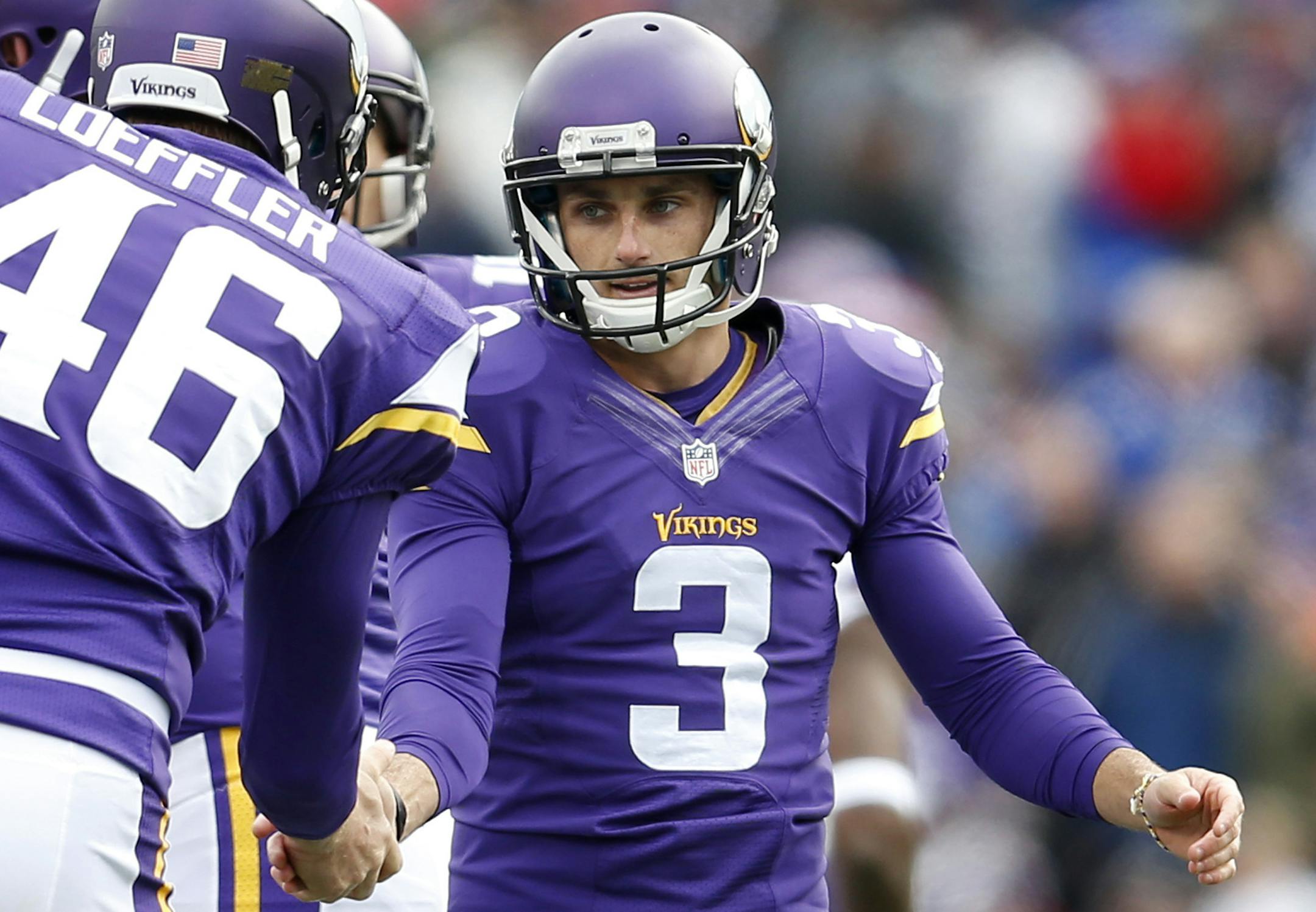 Vikings kicker Blair Walsh (3) was congratulated by Cullen Loeffler (46) in the first quarter. Buffalo beat Minnesota by a final score of 17-16. ] CARLOS GONZALEZ cgonzalez@startribune.com - October 19, 2014 , Orchard Park, NY, Ralph Wilson Stadium, NFL, Minnesota Vikings vs. Buffalo Bills