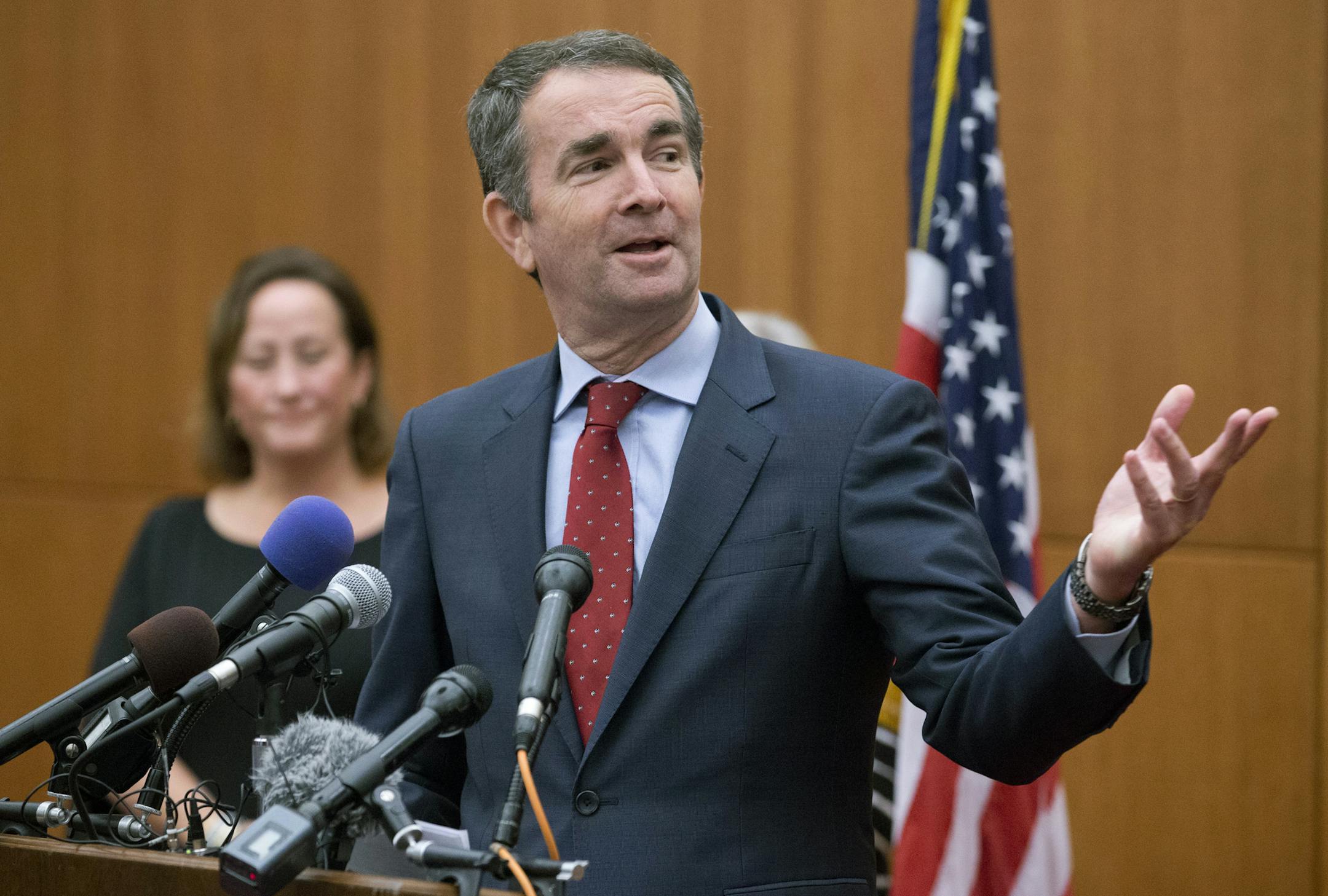 Virginia Gov.-elect, Ralph Northam gestures during a news conference at the Capitol in Richmond, Va., Wednesday, Nov. 8, 2017. Northam defeated Republican Ed Gillespie in Tuesday's election. (AP Photo/Steve Helber)