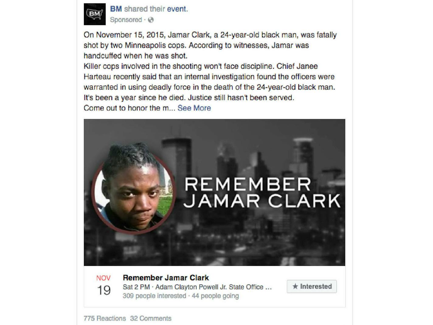 This post promoting a November 2016 rally in memory of Jamar Clark in Minneapolis was among the sponsored posts on Facebook. It was targeted both in Minnesota and to other parts of the country, including Cleveland.