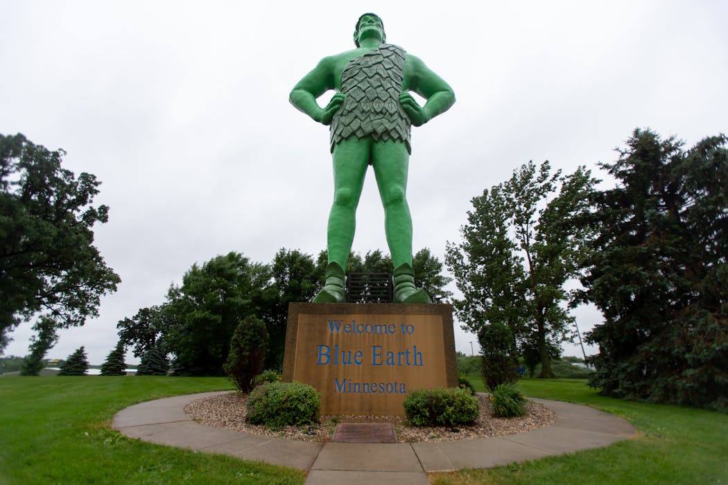 The Jolly Green Giant statue stands 55.5 feet tall in Blue Earth, where it was built in 1979.