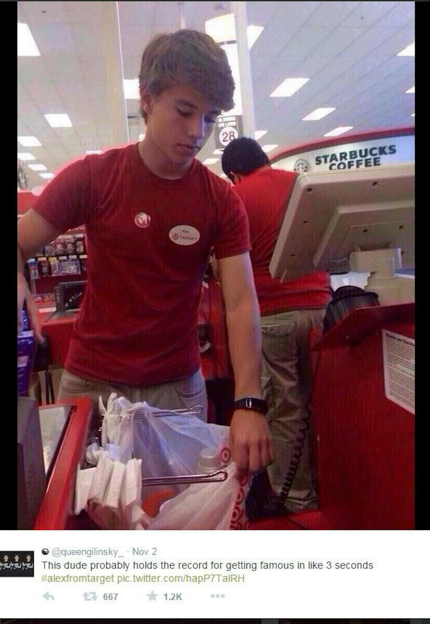 Screenshot of a photo of Alex, a Target employee, whose image went viral on the Internet with the hashtag #AlexFromTarget