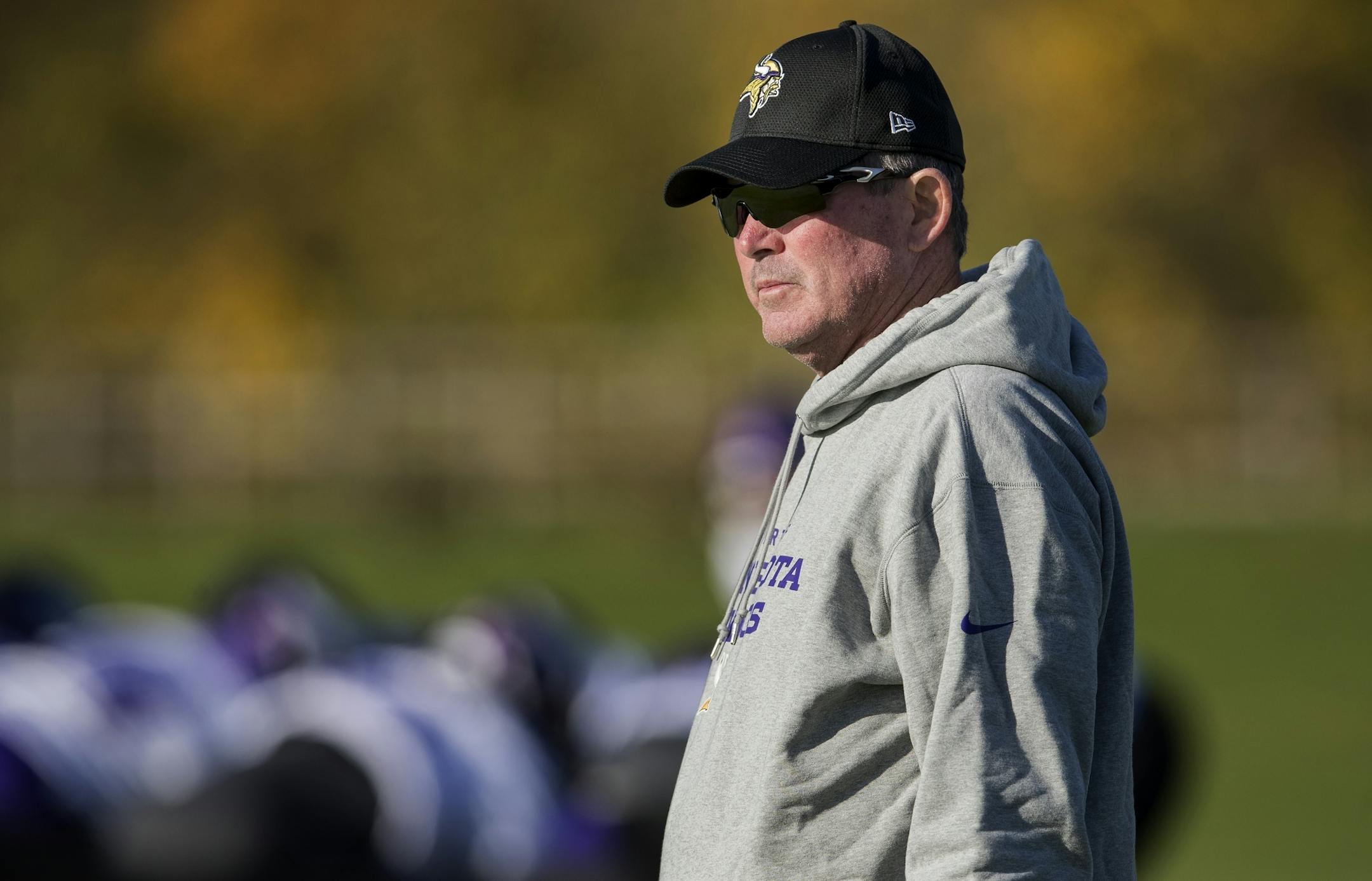 Minnesota Vikings head coach Mike Zimmer during a practice at the London Irish Training Ground in perpetration for a game vs. the Cleveland Browns.
