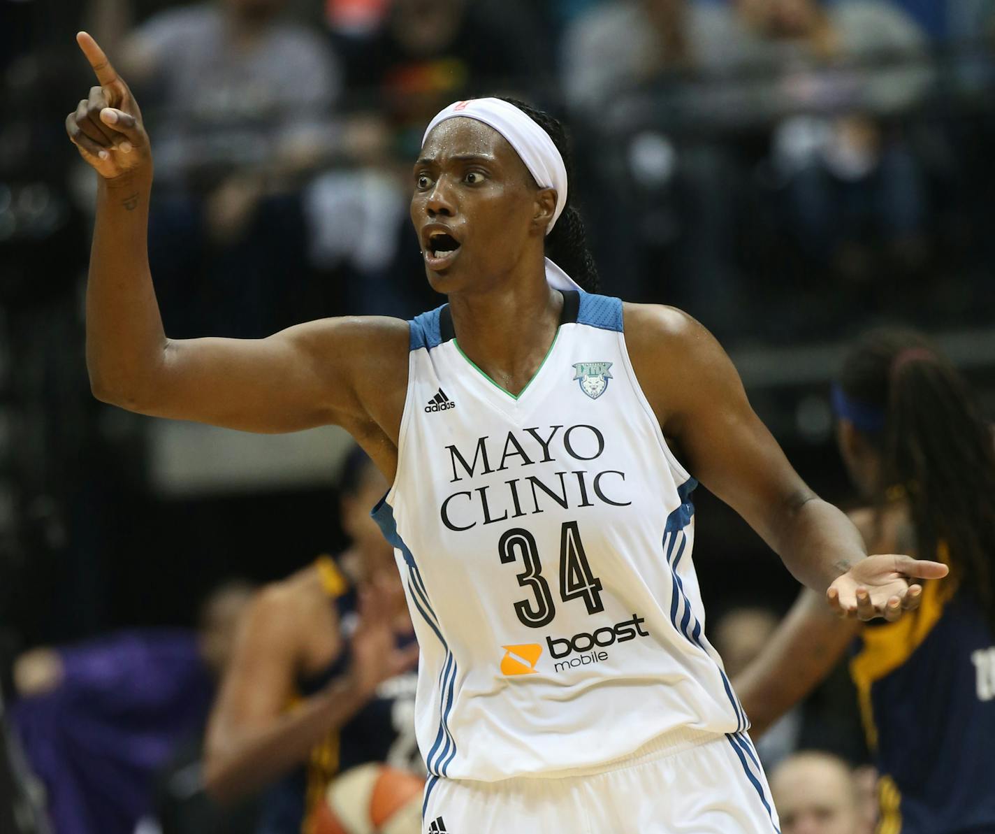 Lynx Sylvia Fowles reacted after scoring during the second half ] (KYNDELL HARKNESS/STAR TRIBUNE) kyndell.harkness@startribune.com Game 2 of the WNBA finals Lynx vs Indiana at the Target Center in Minneapolis Min., Tuesday October 6, 2015. Lynx won over Indiana 77-71