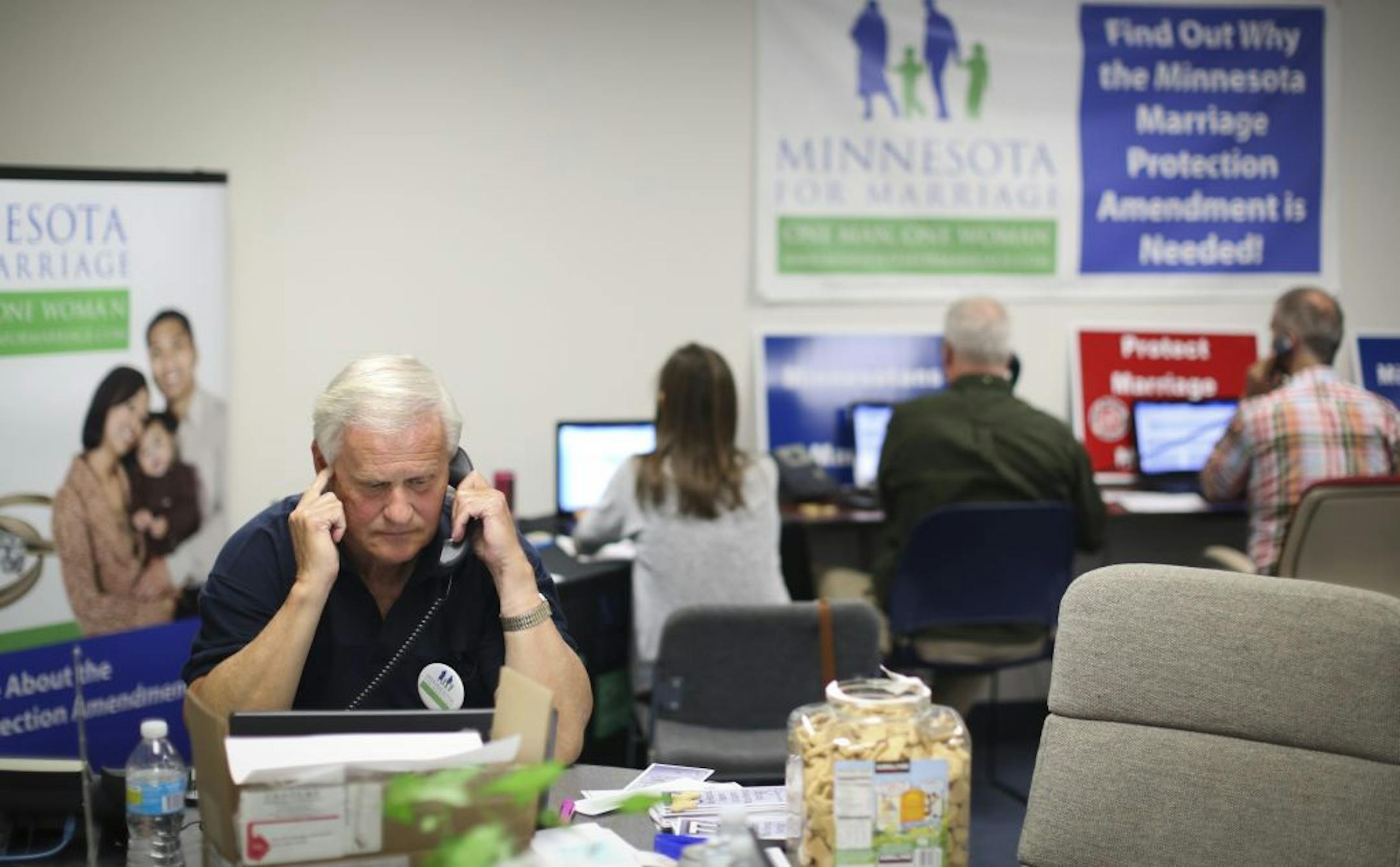Minnesota for Marriage, the group supporting the marriage amendment, had about 10 volunteers at their call center on Thursday, June 14, in Roseville, Minn.