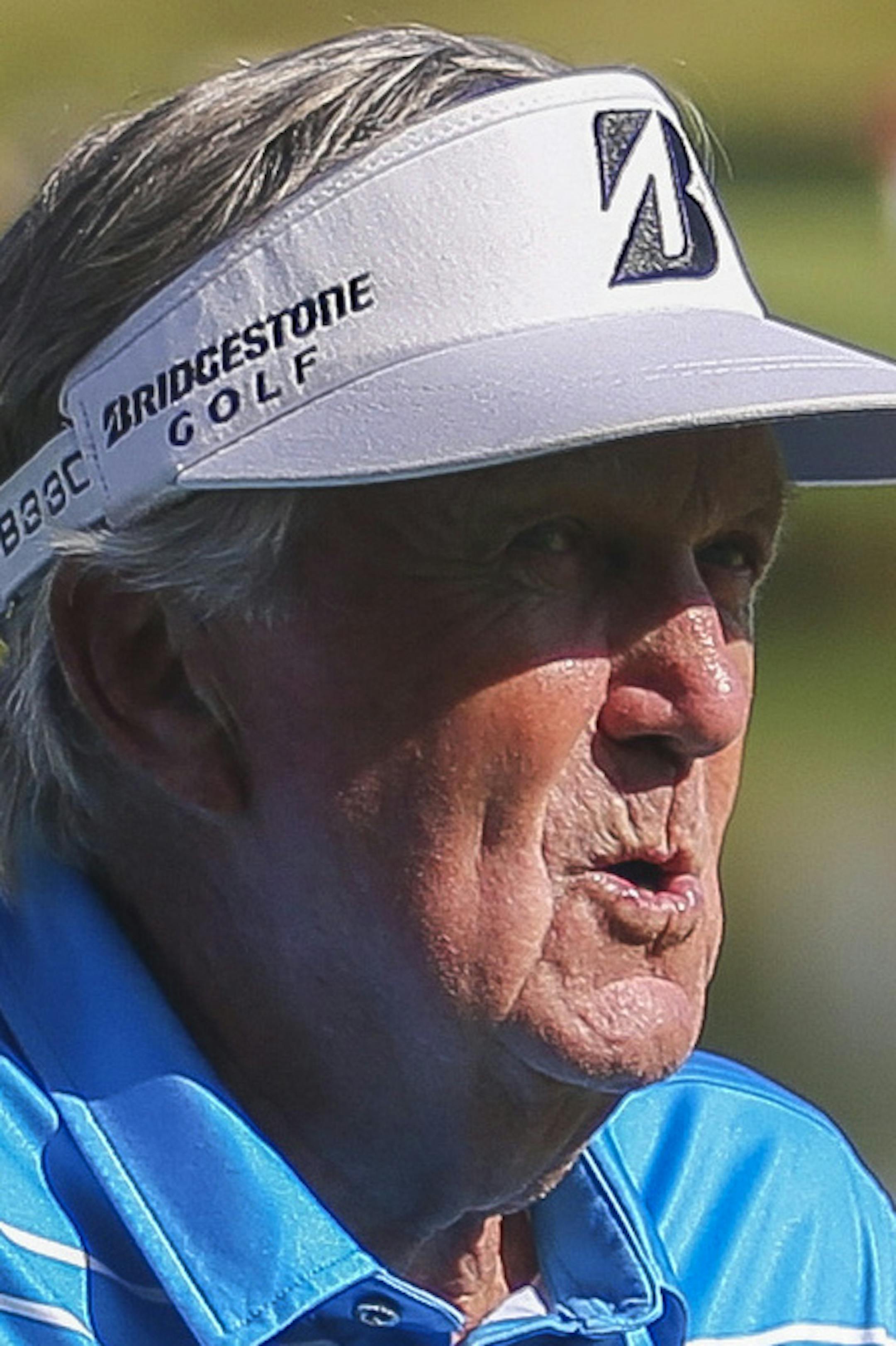 Al Geiberger reacts after missing a putt on the 18th hole during the second round of the PGA Tour Champions' 3M Championship golf tournament, Saturday, Aug. 6, 2016, in Blaine, Minn. (Timothy Nwachukwu/Star Tribune via AP)