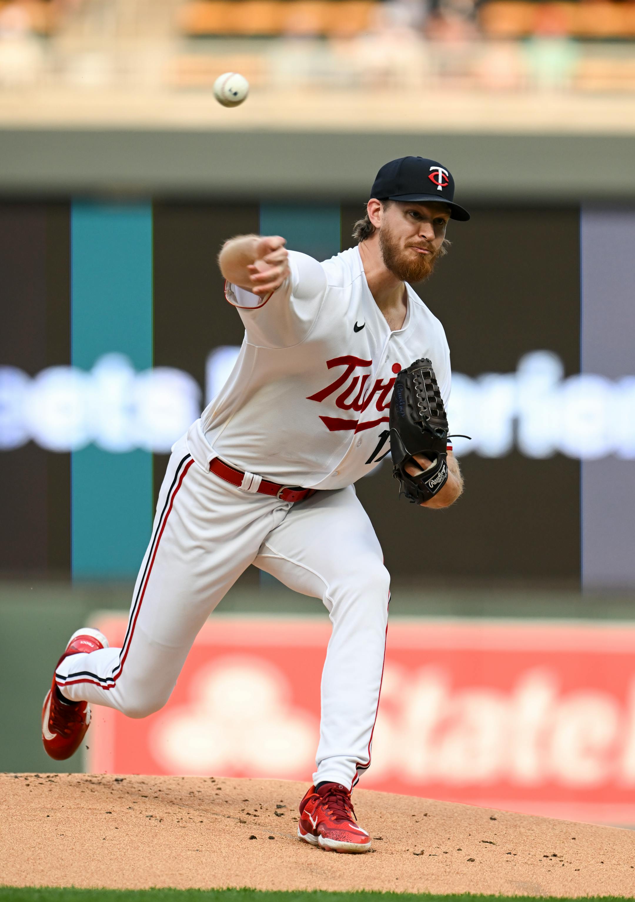 Minnesota Twins starting pitcher Bailey Ober throws a pitch against the San Francisco Giants in the top of the first inning Monday, May 22, 2023, at Target Field in Minneapolis, Minn.