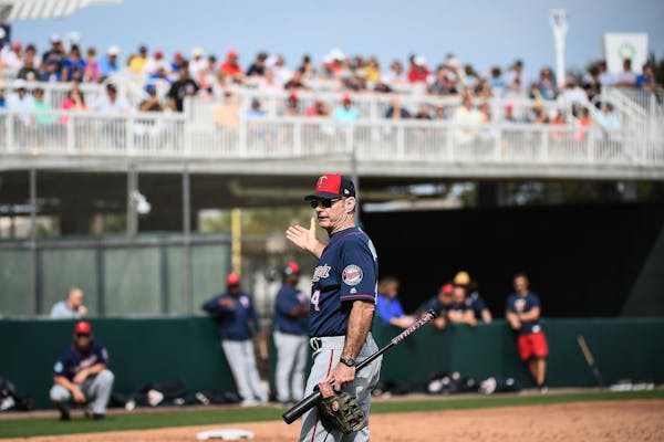 Minnesota Twins manager Paul Molitor (4) talked to the team during pop fly drills Tuesday. ] AARON LAVINSKY &#xef; aaron.lavinsky@startribune.com Minn