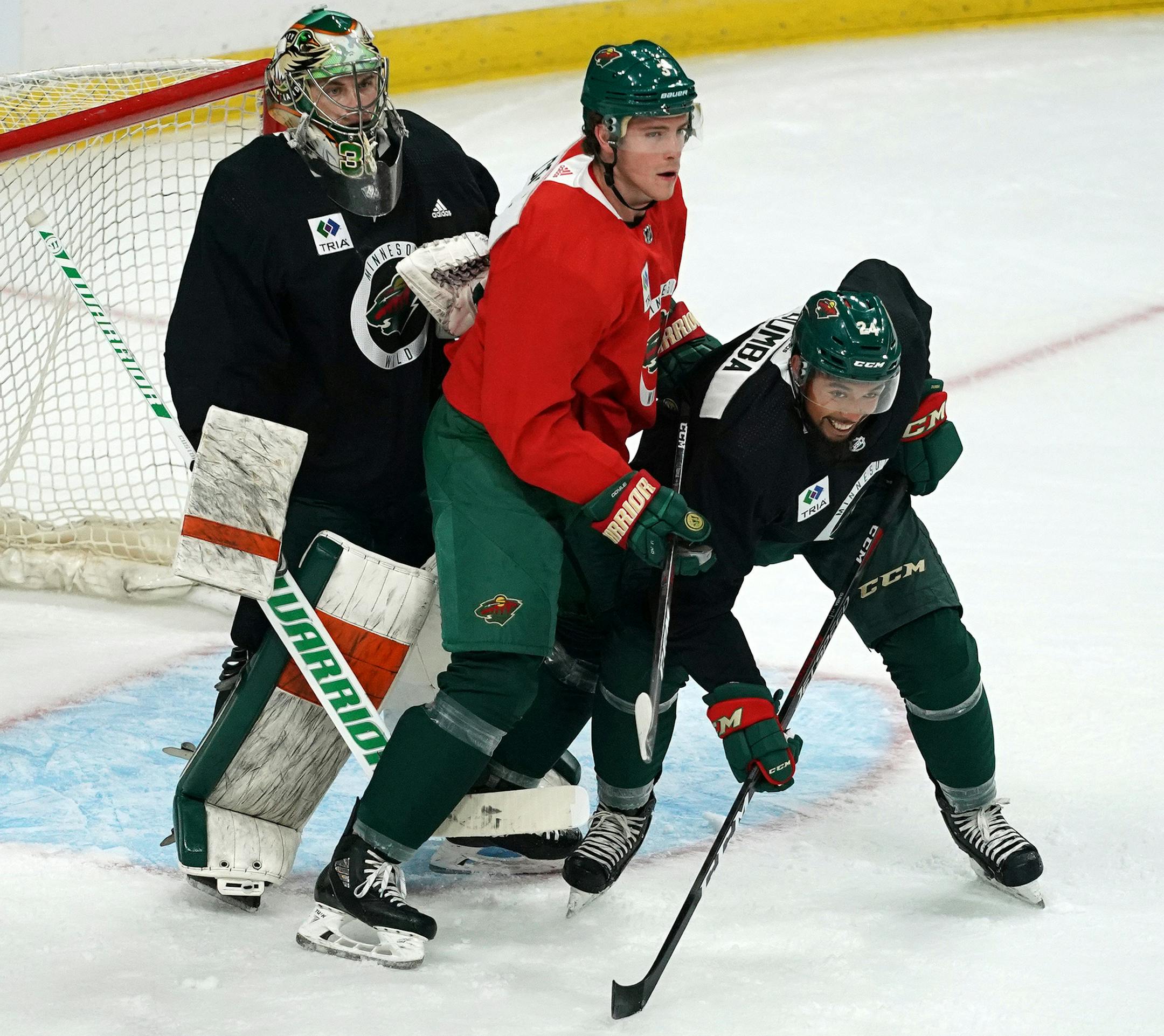 Minnesota Wild center Charlie Coyle (3) and Minnesota Wild defenseman Matt Dumba (24) fought for position in front of the net. ] ANTHONY SOUFFLE ï anthony.souffle@startribune.com Players and coaches took part in the first day of the Minnesota Wild training camp Friday, Sept. 14, 2018 at the Xcel Energy Center in St. Paul, Minn.