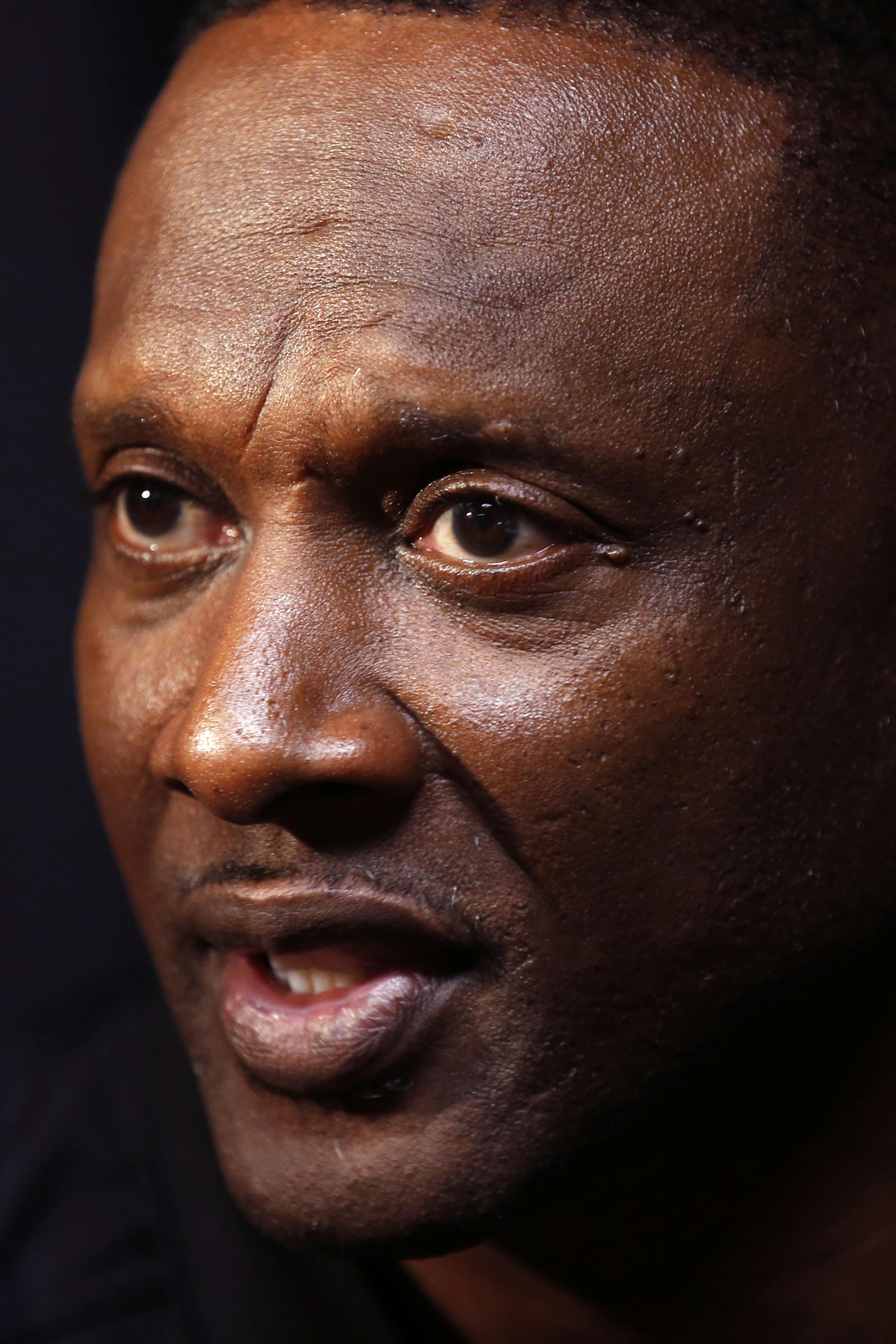 Pro Football Hall of Fame 2015 inductee Tim Brown attends a media availability in Canton, Ohio, Friday, Aug. 7, 2015. (AP Photo/Gene J. Puskar)