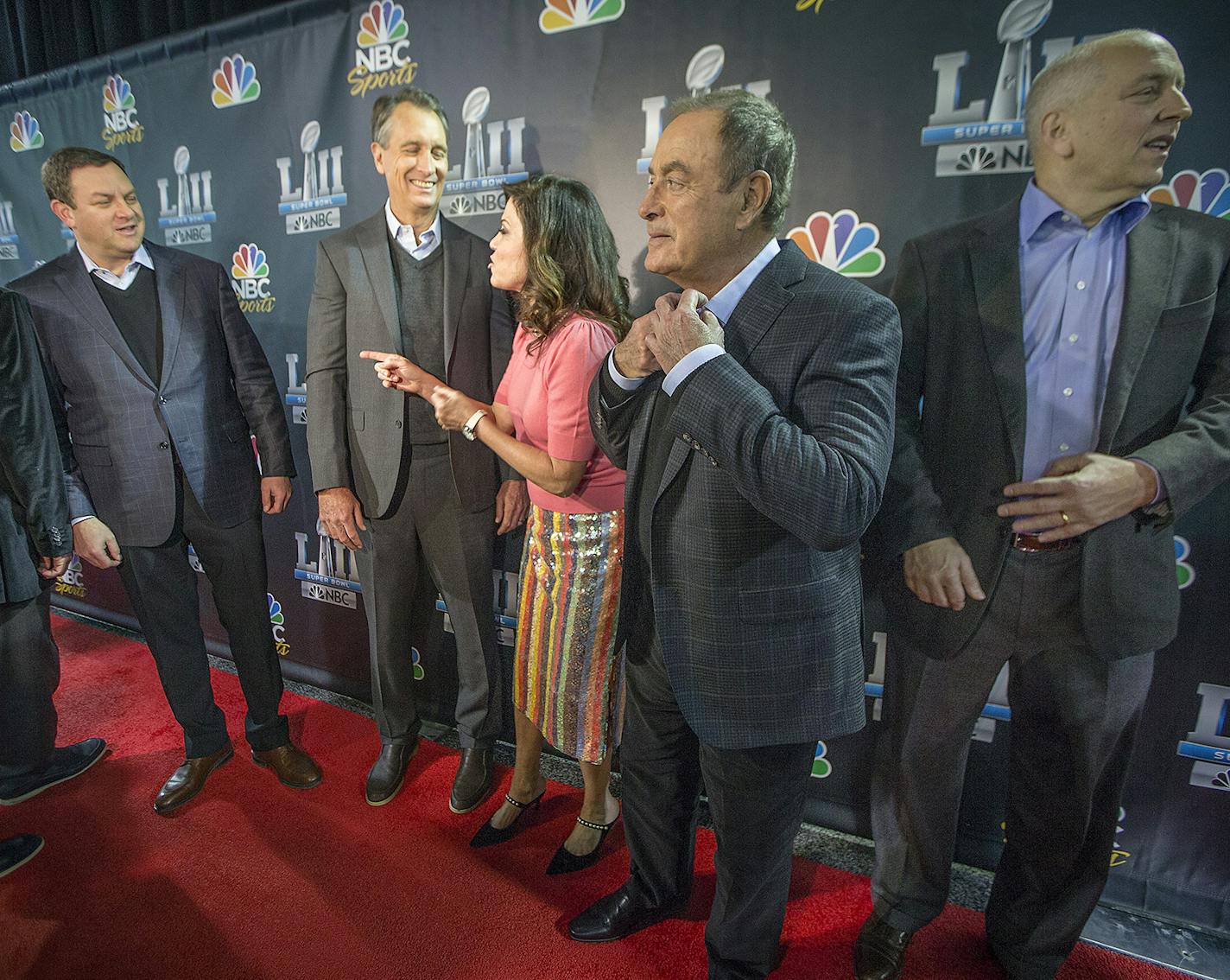 The NBC sports broadcasting team, from left, Mark Lazarus, Cris Collinsworth, Michele Tafoya, Al Michaels, and Drew Esocoff, met with a room filled with other press during a media event at the Mall of America, Tuesday, January 30, 2018 in Bloomington, MN. ] ELIZABETH FLORES &#xef; liz.flores@startribune.com