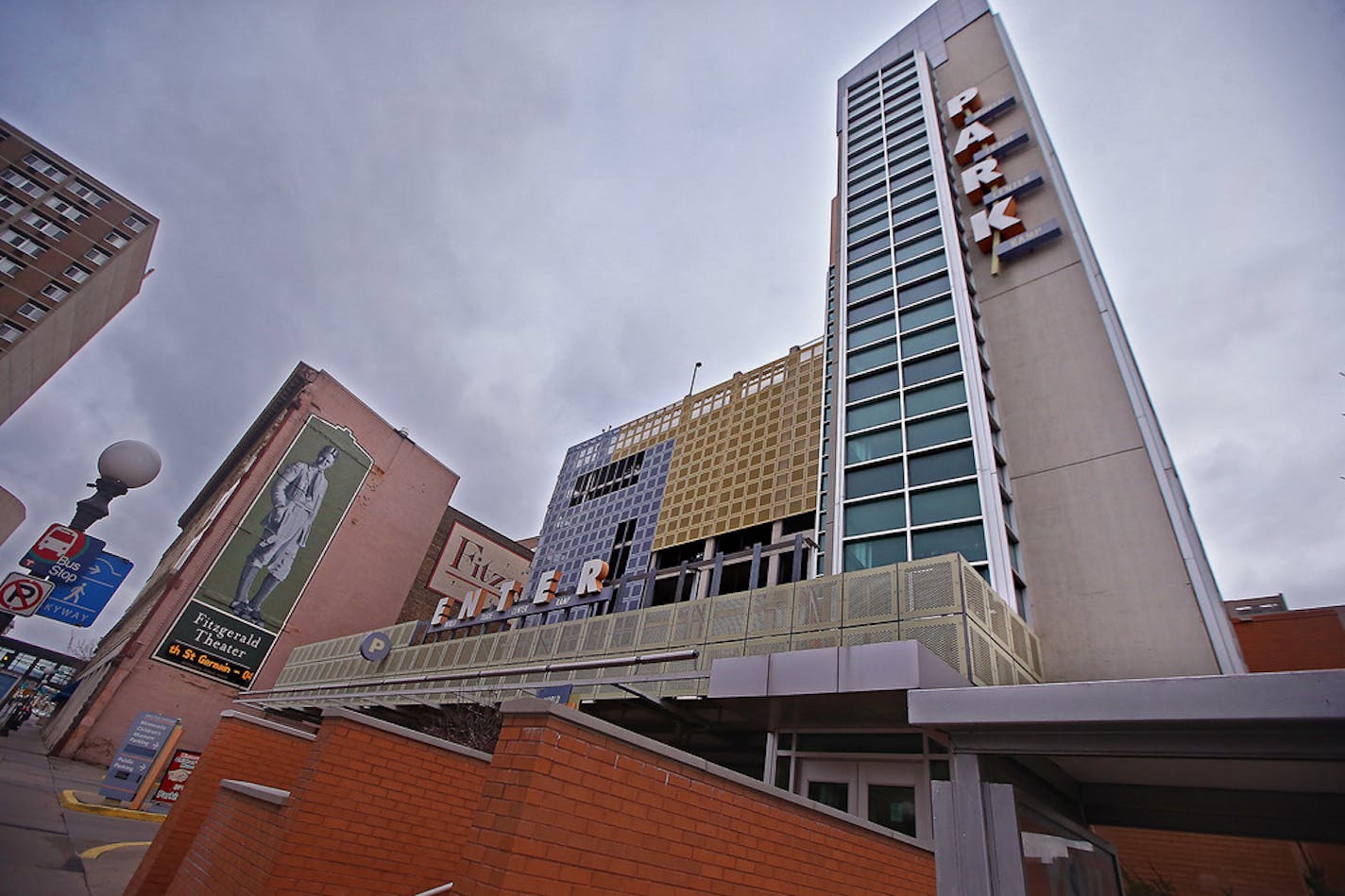 The World Trade Center Parking Ramp in downtown St. Paul is clad in gridded metal panels in yellow, blue, green and orange.