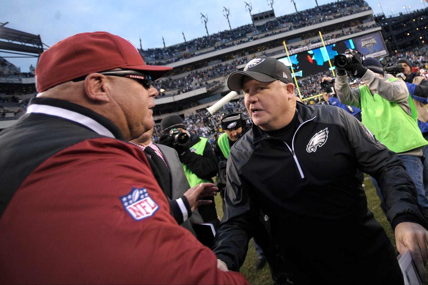 Philadelphia Eagles head coach Chip Kelly, right, meets with Arizona Cardinals head coach Bruce Arians after an NFL football game, Sunday, Dec. 1, 2013, in Philadelphia. Philadelphia won 24-21. (AP Photo/Michael Perez)