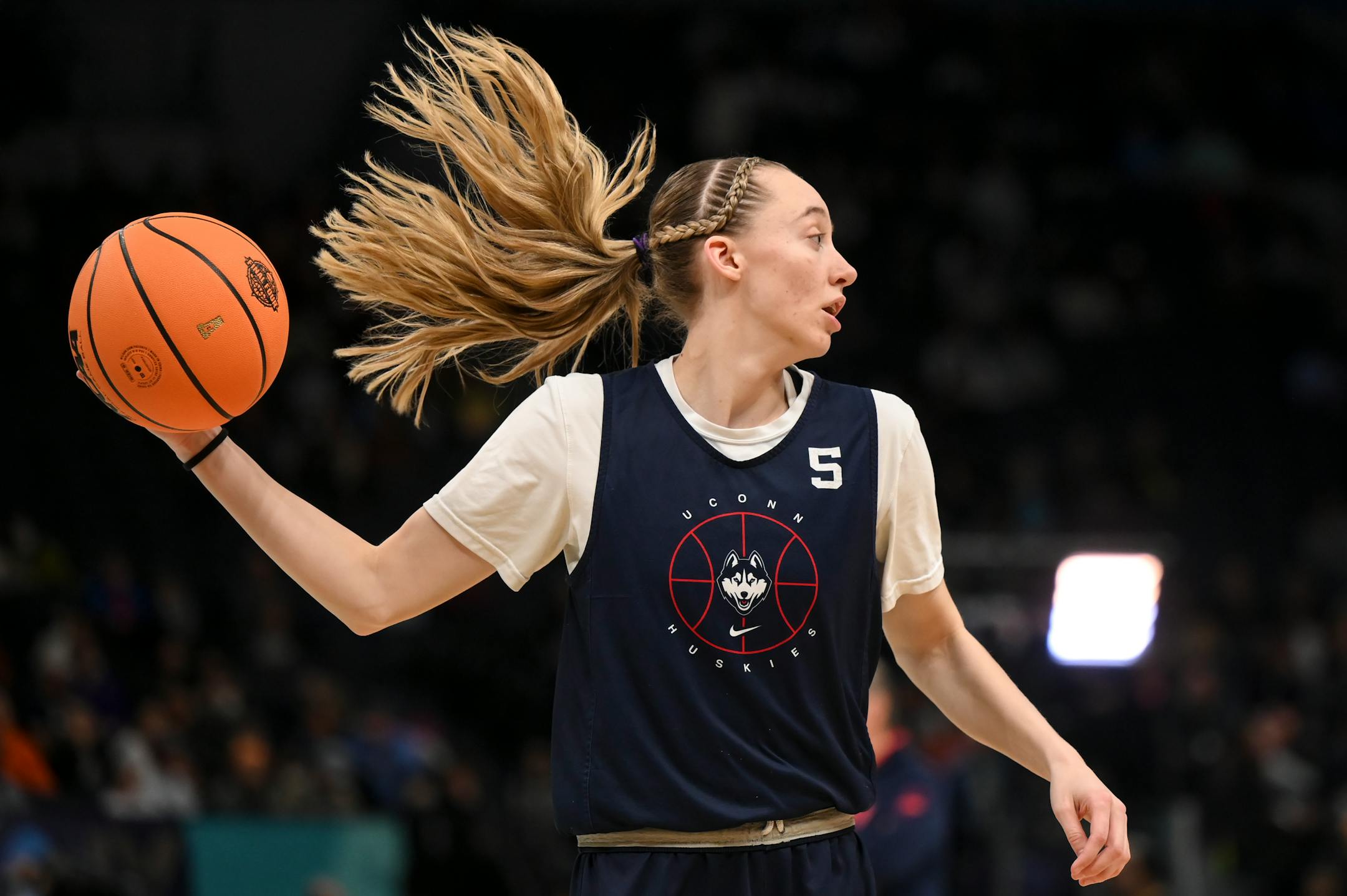 UConn guard Paige Bueckers (5) dribbles the ball during a Final Four open practice held Saturday, April 2, 2022 at Target Center in Minneapolis, Minn.