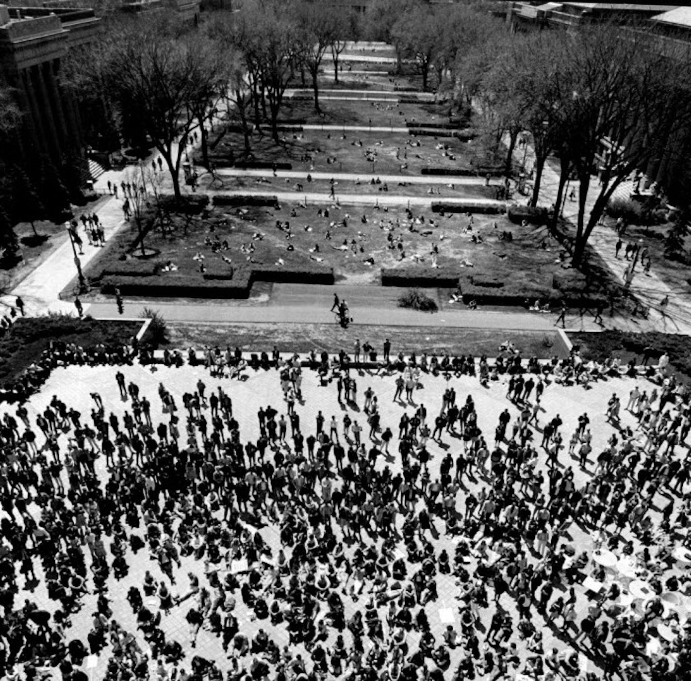 The classic lines of Northrop Mall were ackground for this 1968 antiwar protest on the plaza in front of Northrop Auditorium.