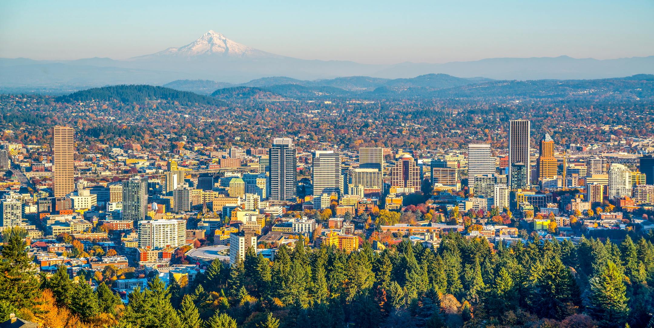 City of Portland Oregon and Mount Hood in Autumn