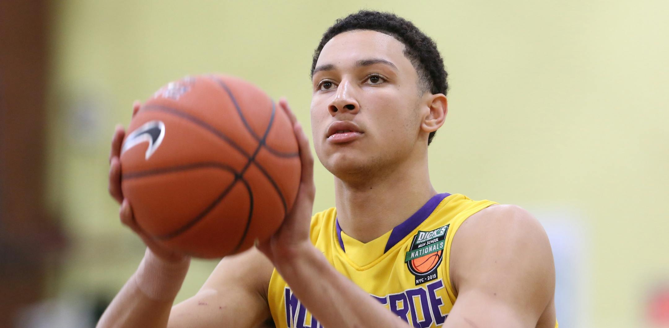 FILE - In this April 3, 2015, file photo, Montverde Academy's Ben Simmons is shown during a game against Findlay Prep in the DICK'S Sporting Goods High School National Basketball Tournament in New York. LSU freshman Ben Simmons was selected to The Associated Press preseason All-America team, Monday, Nov. 9, 2015. (AP Photo/Gregory Payan, File)
